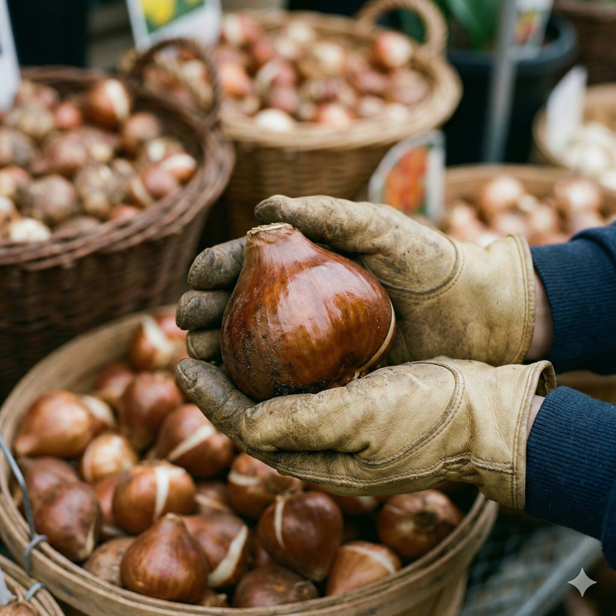 チューリップの植え方 プランター2　手の上に乗った健康的でツヤのある高品質なチューリップの球根