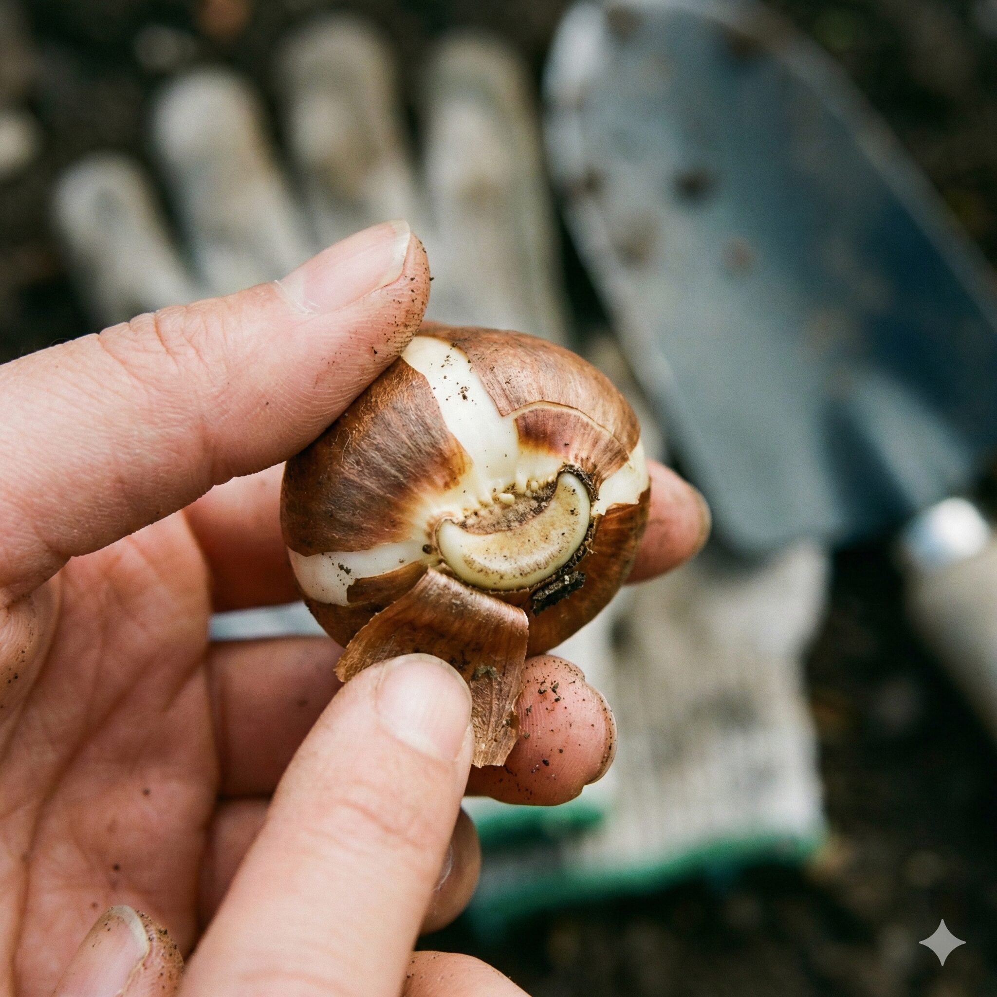 チューリップの植え方 プランター3　根が出やすくなるように球根底部の皮を少し剥く下準備の様子