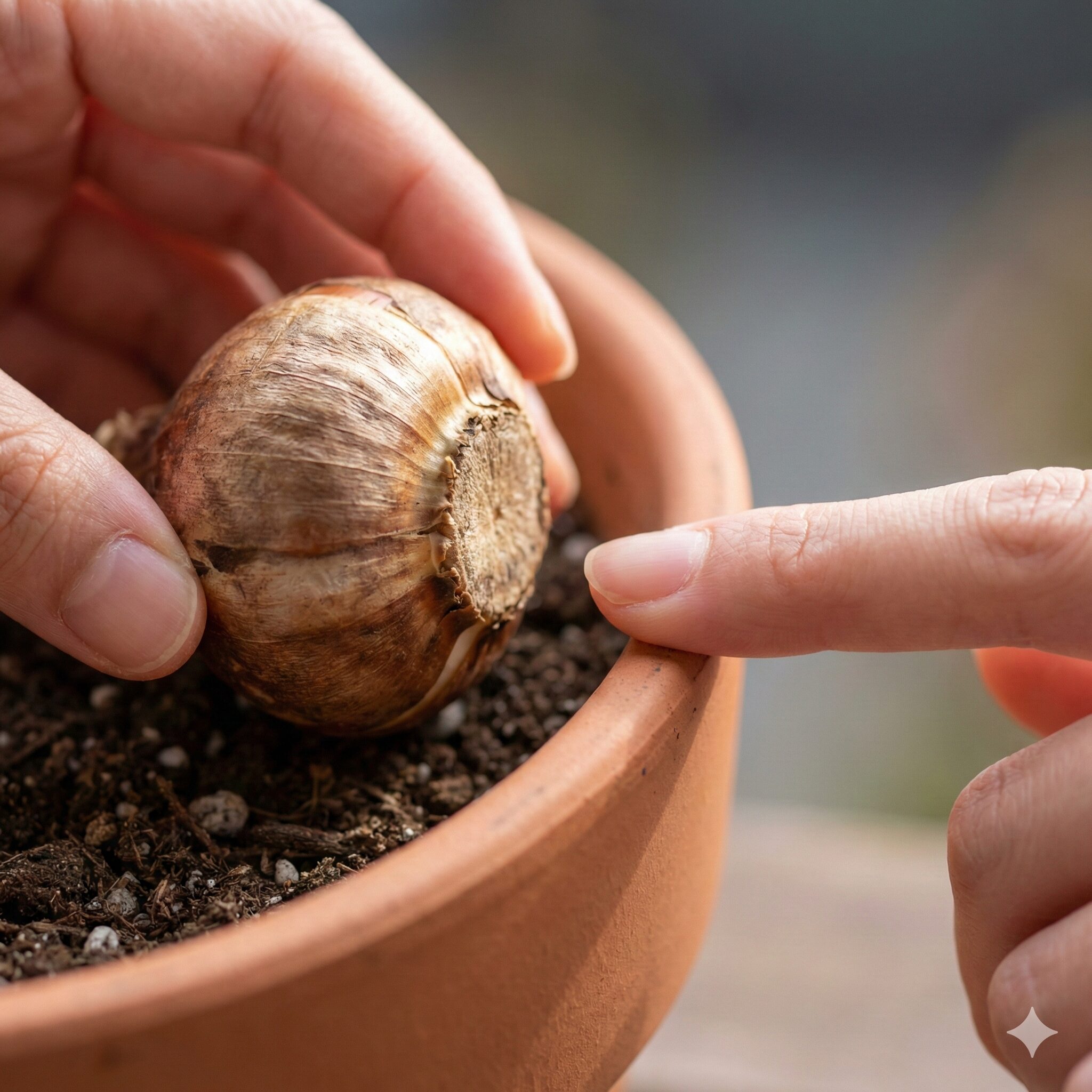 チューリップの植え方 プランター6　葉の向きを揃えるために球根の平らな面を外側に向ける植え方のコツ