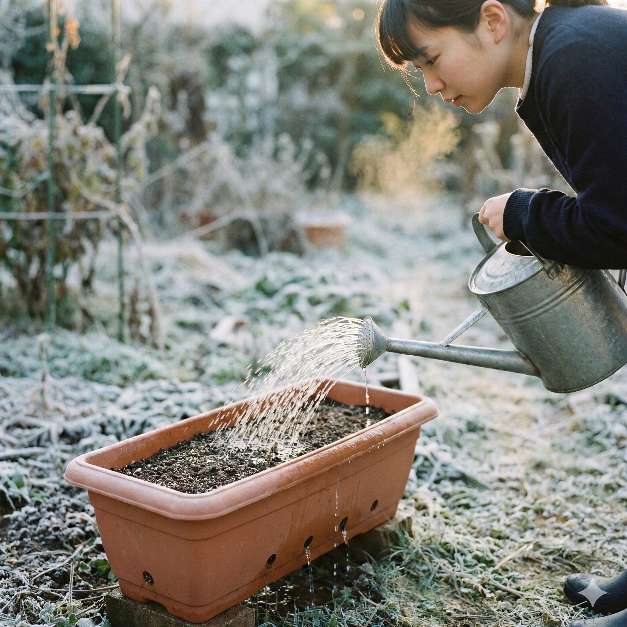 チューリップの植え方 プランター7　冬の間も土の中の根に水分を届けるためのプランターへの水やり