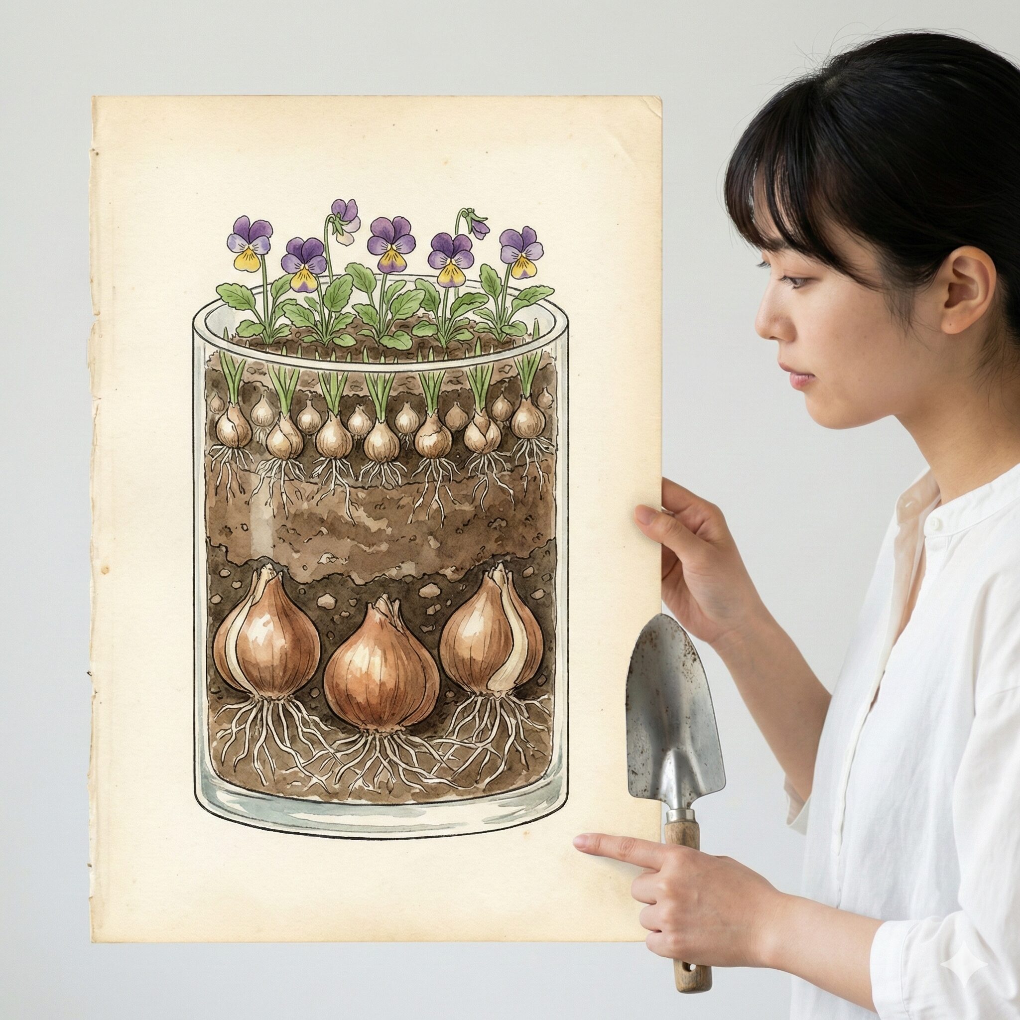 チューリップの植え方 プランター8　チューリップと他の花を層状に植えるダブルデッカー法の断面イメージ