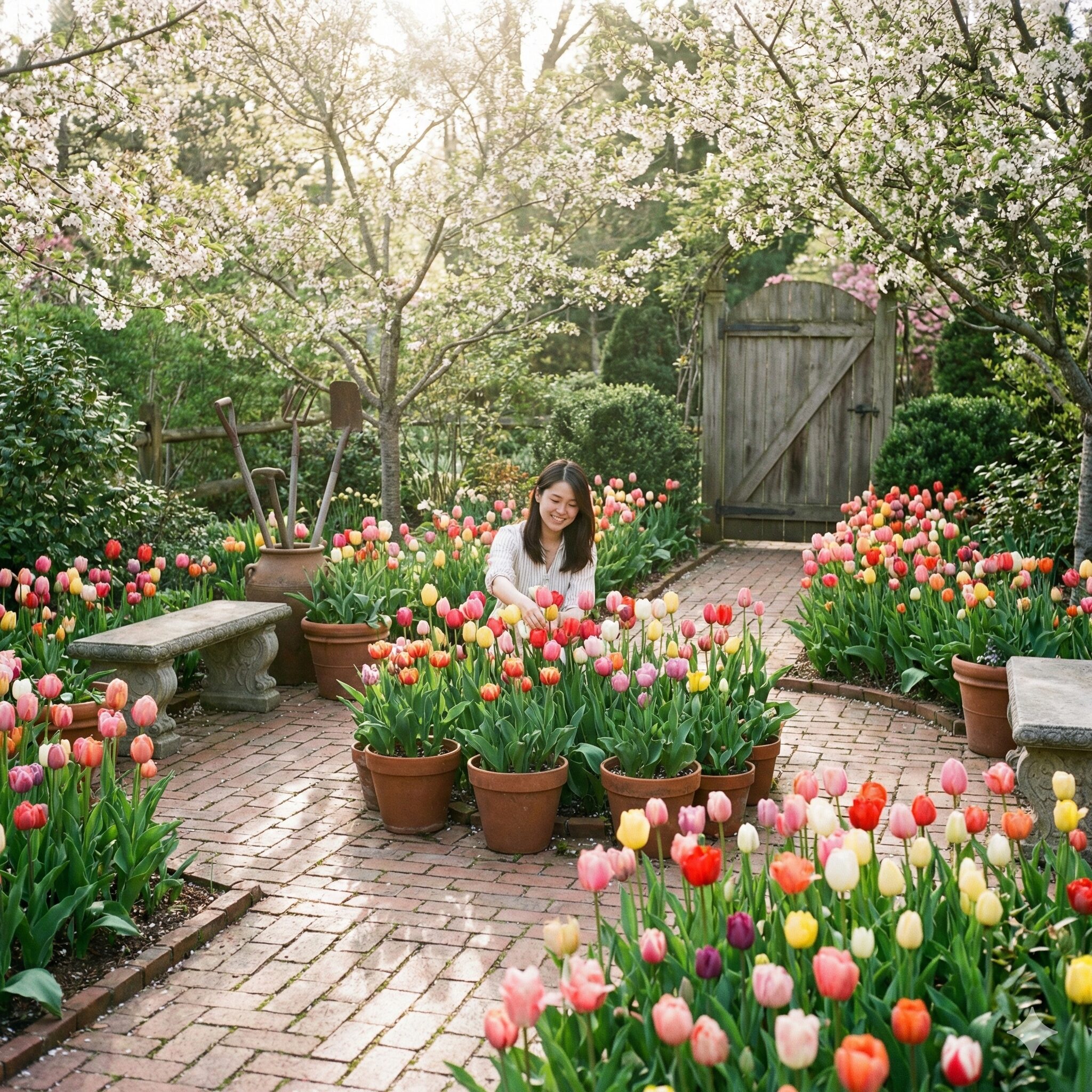 チューリップ植え方おしゃれ1　おしゃれな空間構成でデザインされた春のチューリップガーデン全景