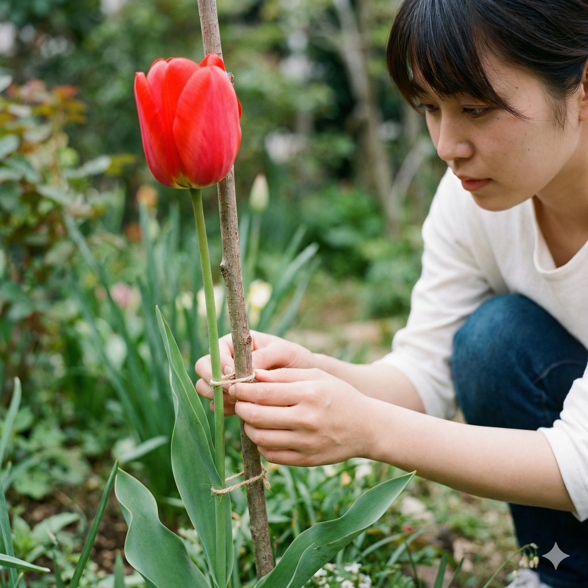 チューリップ植え方おしゃれ10　支柱を目立たせずにおしゃれにチューリップを支えるメンテナンスの工夫