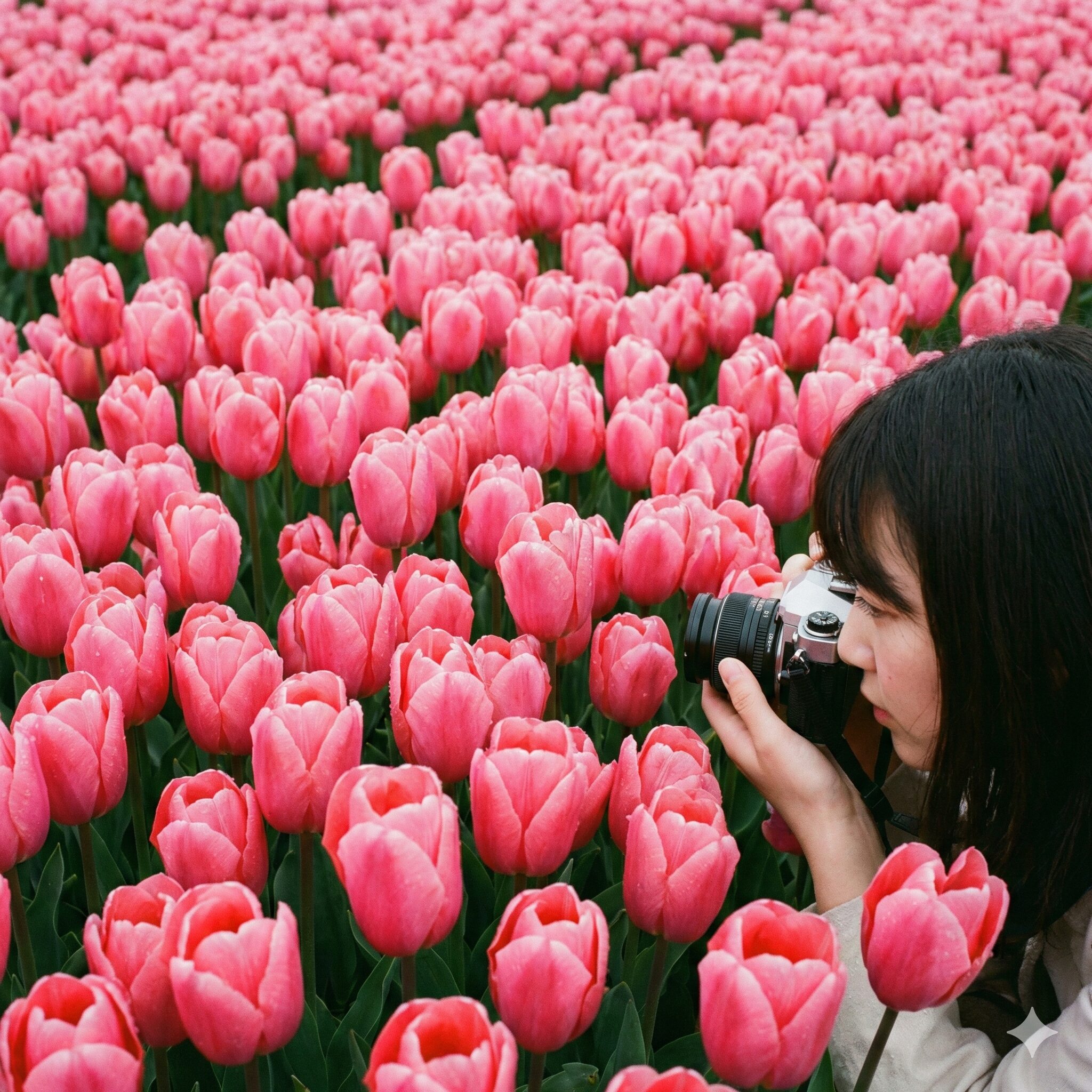 チューリップ植え方おしゃれ2　チューリップの密植（群植）によるボリューム感あふれるカラーカーペット演出