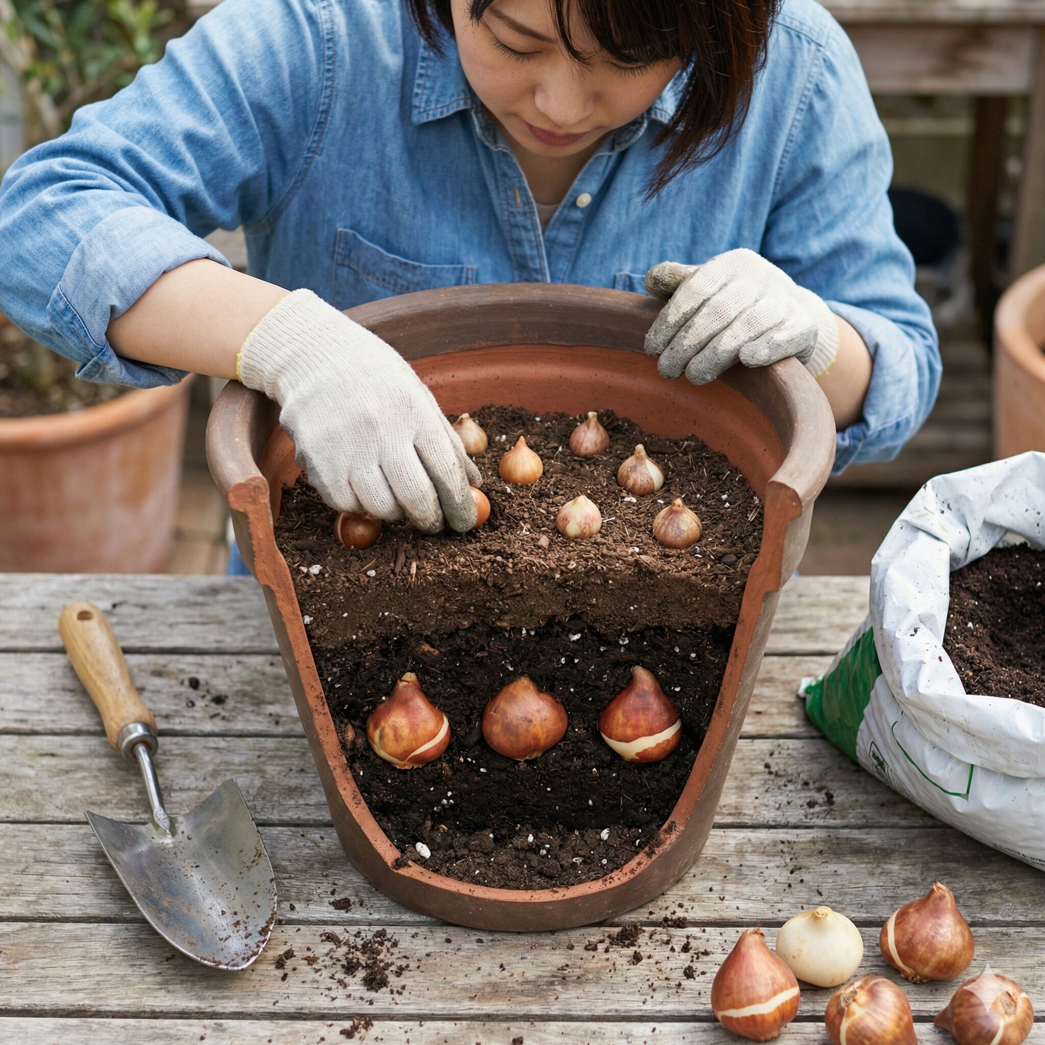 チューリップ植え方おしゃれ7　鉢の中で球根を二層に重ねて植えるダブルデッカーの作業手順