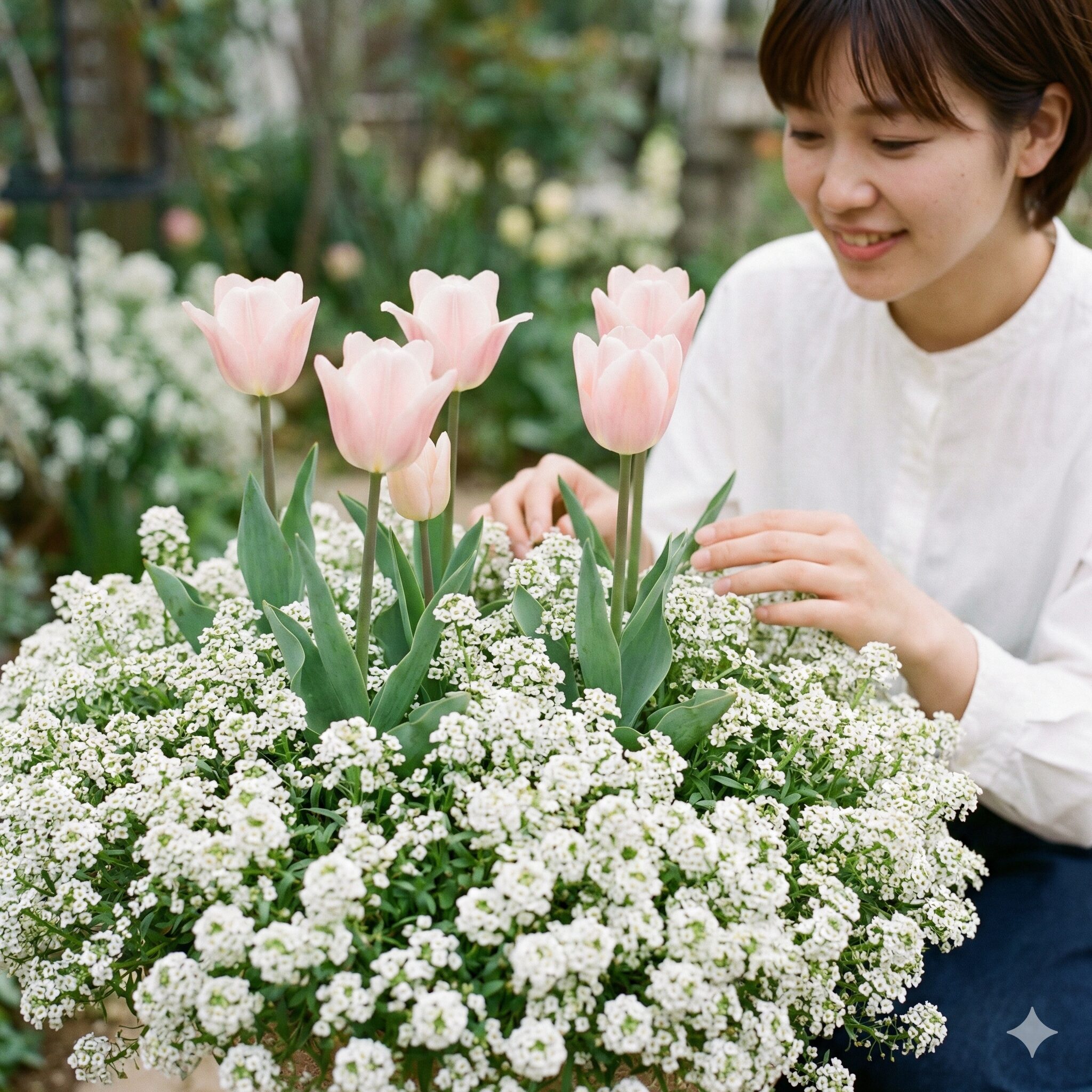 チューリップ植え方おしゃれ8　チューリップの足元をアリッサムで埋めるおしゃれなコンパニオンプランツ演出