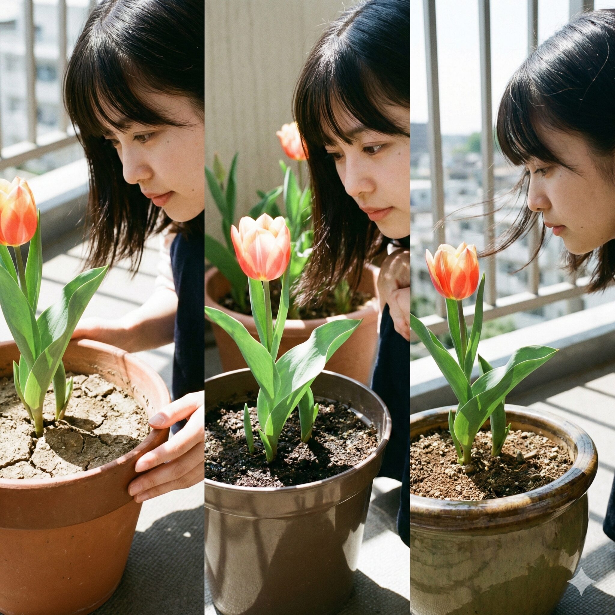 チューリップ水やり 頻度10　素焼きやプラスチックなど、異なる素材の鉢に植えられ、それぞれ土の乾き具合が異なるチューリップ。