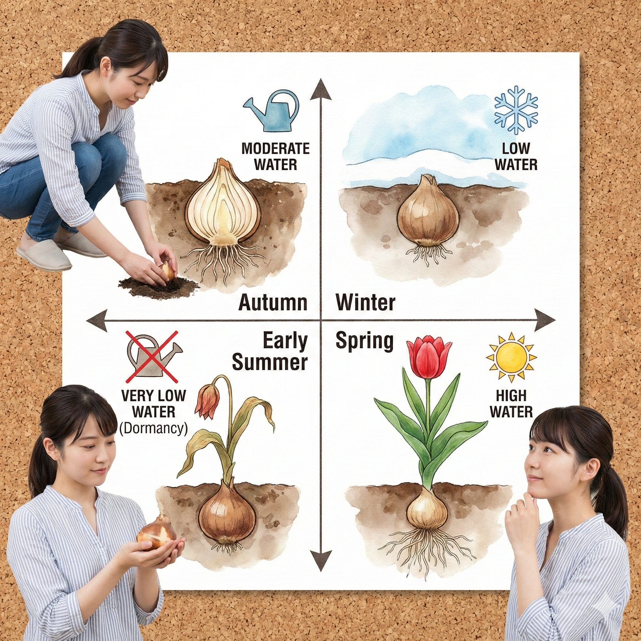 チューリップ水やり 頻度2　チューリップの年間成長サイクルと、季節ごとの水分要求量の変化を示す図解。