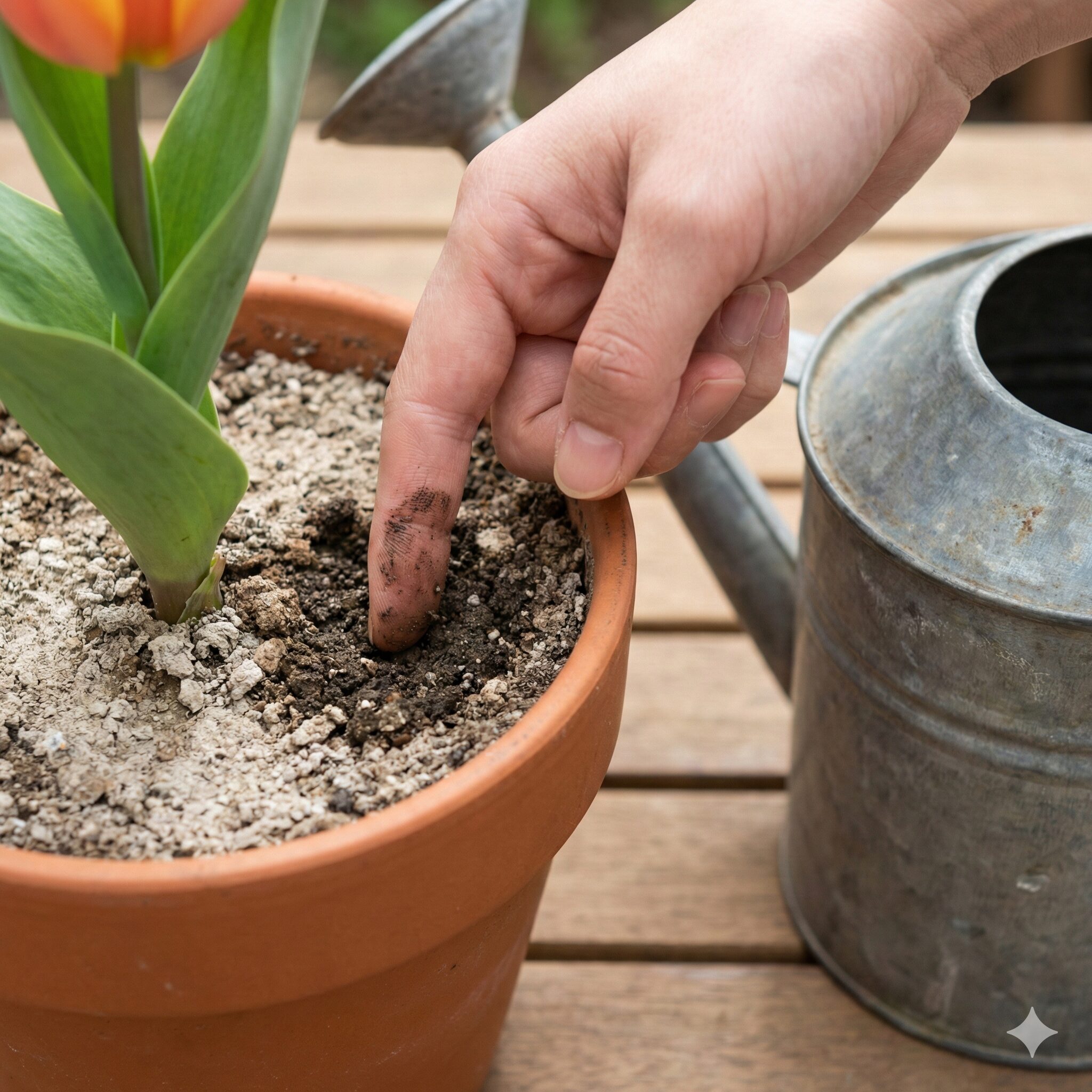 チューリップ水やり 頻度3　鉢植えチューリップの土の乾き具合を指で触れて確認し、水やりのタイミングを判断している様子。