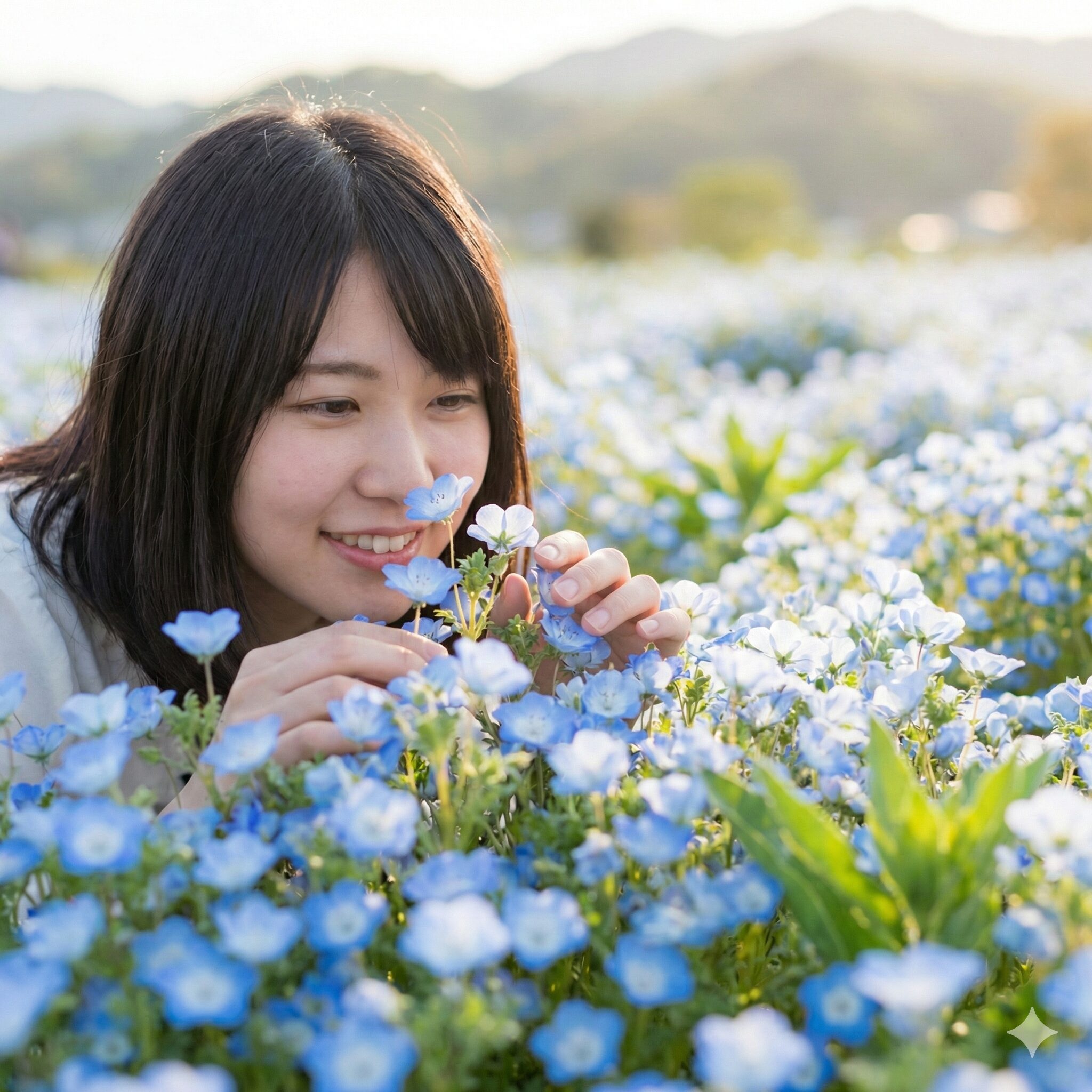 ネモフィラ 芽 ひょろひょろ1　春の日差しを浴びて一面に咲き誇る、健康で美しい青色のネモフィラの花畑。