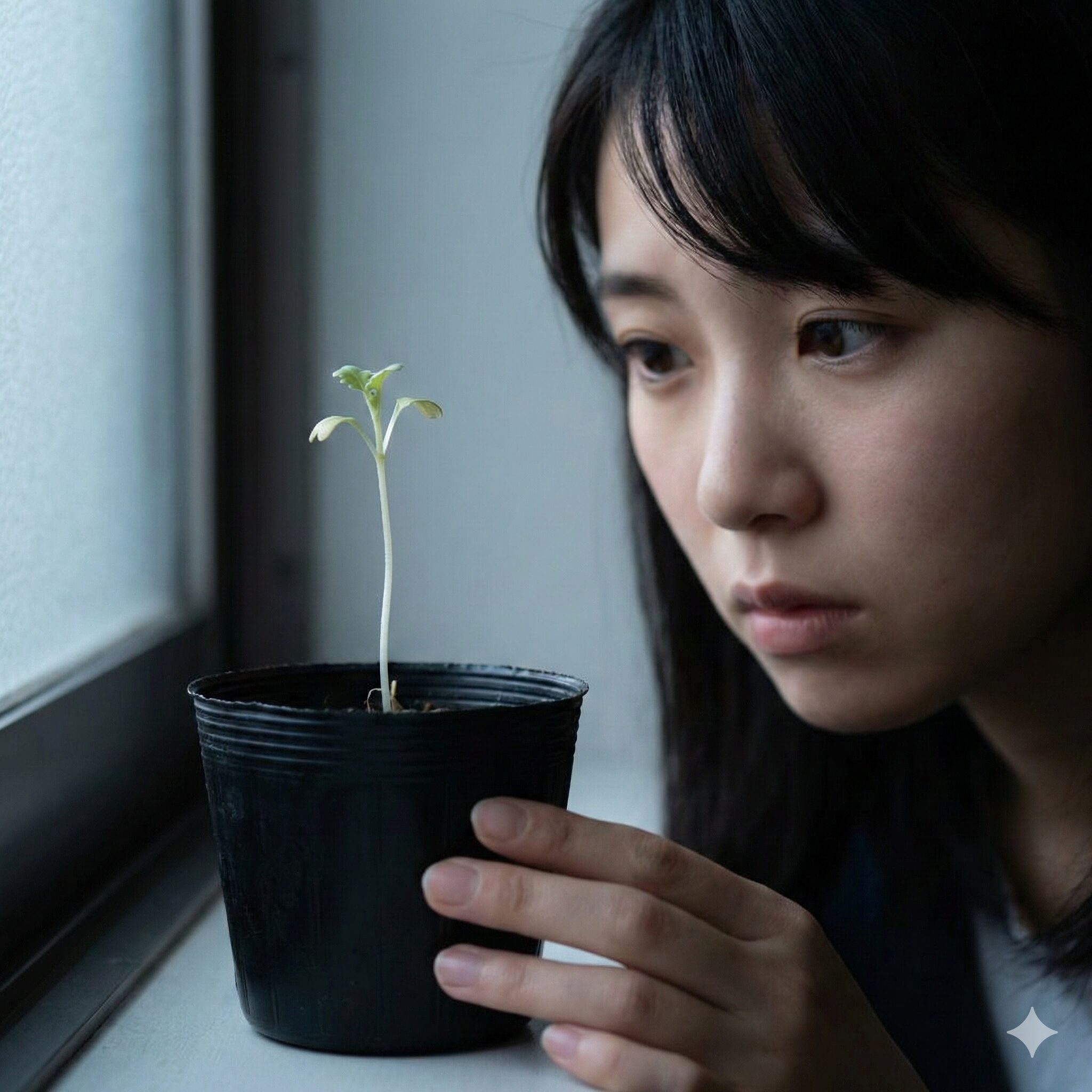 ネモフィラ 芽 ひょろひょろ2 室内での日照不足が原因で、茎が白くひょろひょろに伸びて徒長してしまったネモフィラの苗。