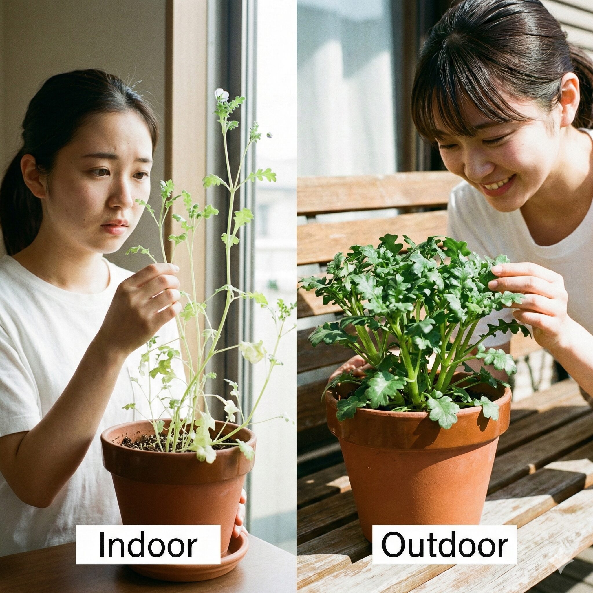 ネモフィラ 芽 ひょろひょろ3 室内で光量不足により徒長したネモフィラ苗(左)と、屋外の日光を浴びて健康に育ったがっしりした苗(右)の比較。