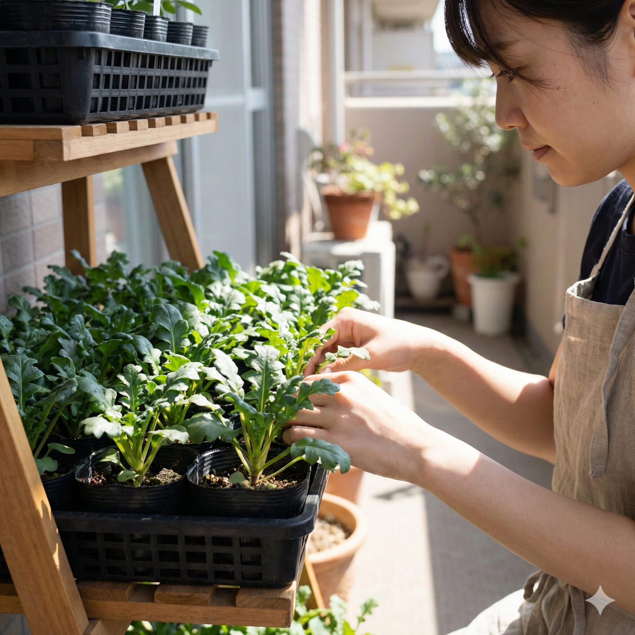 ネモフィラ 芽 ひょろひょろ4 日当たりの良い屋外の環境で管理され、直射日光を浴びて健康的に育っているネモフィラの苗たち。