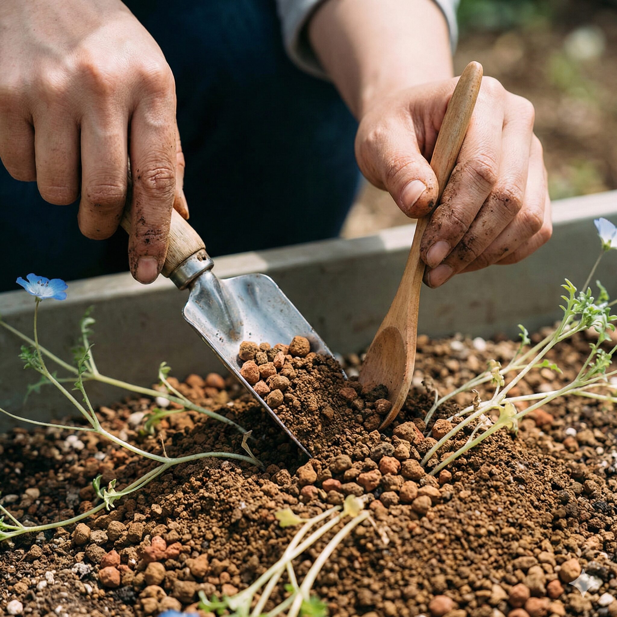 ネモフィラ 芽 ひょろひょろ5 徒長して不安定になったネモフィラの茎を支えるために、株元に新しい土を盛る土寄せ作業の様子。