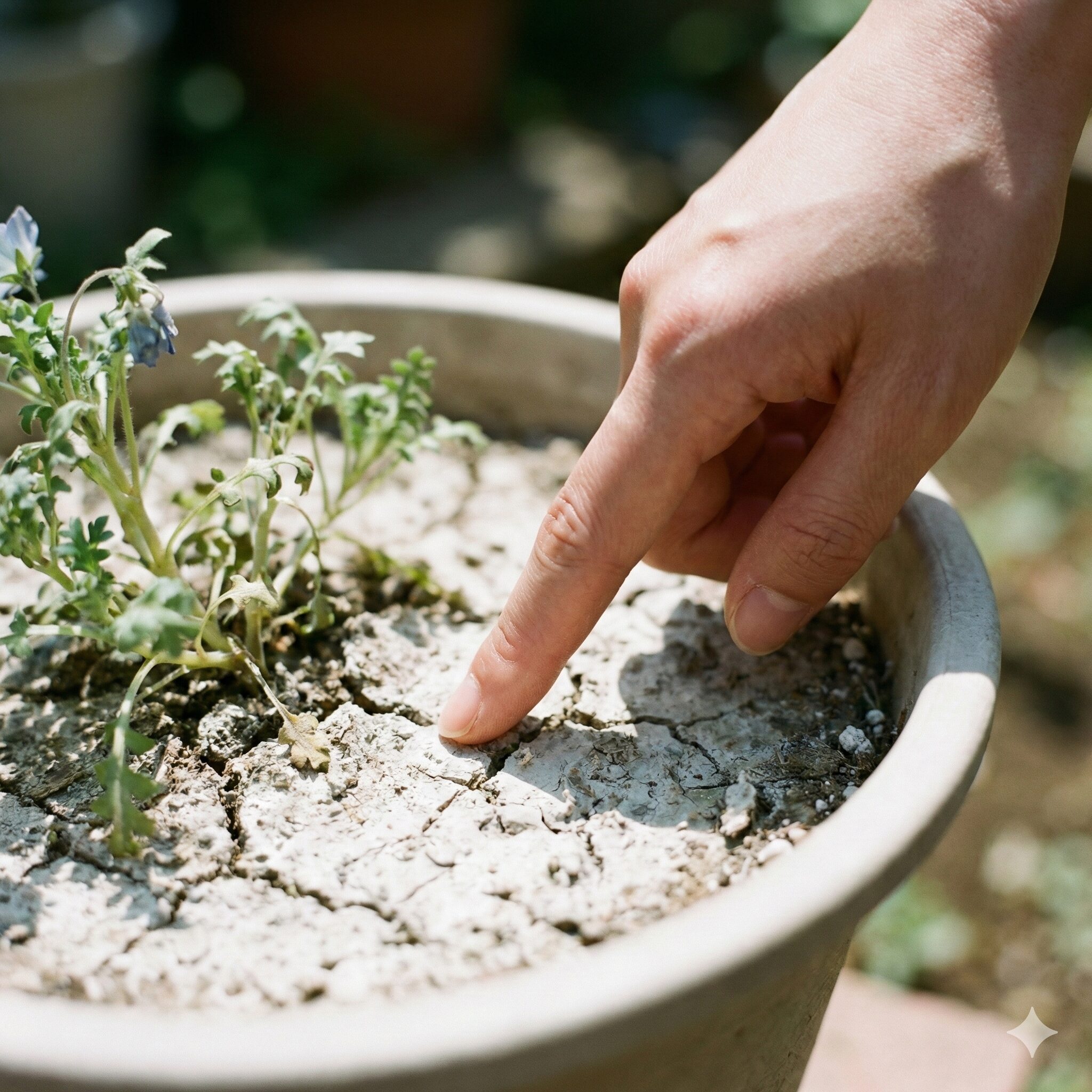ネモフィラ 芽 ひょろひょろ6 土の表面が白く乾燥しており、適切な水やりのタイミングを迎えたネモフィラの鉢植え。
