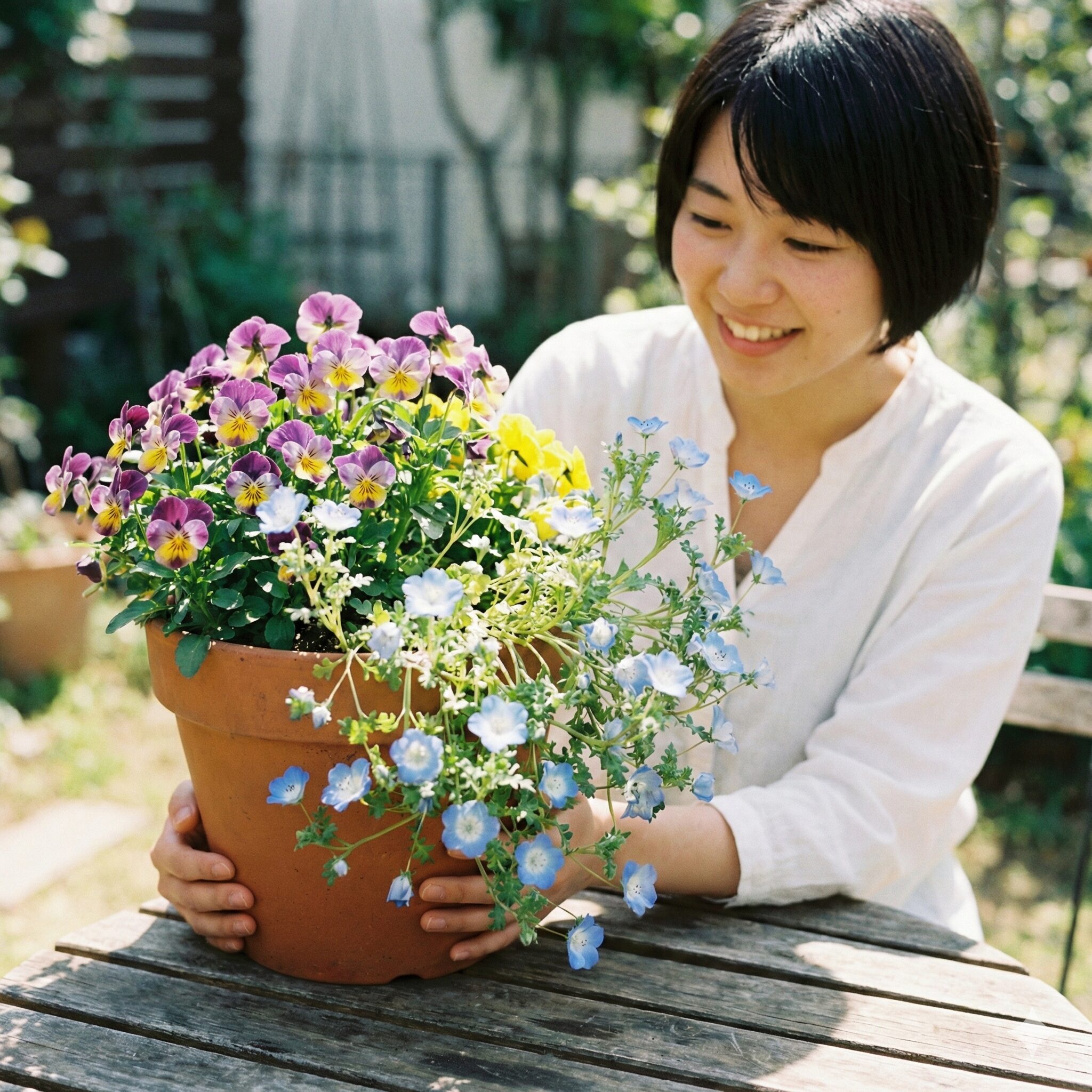 ネモフィラ 芽 ひょろひょろ7 ネモフィラを鉢の縁に配置し、他の植物の影にならないよう日当たりを確保した寄せ植えの良い例。