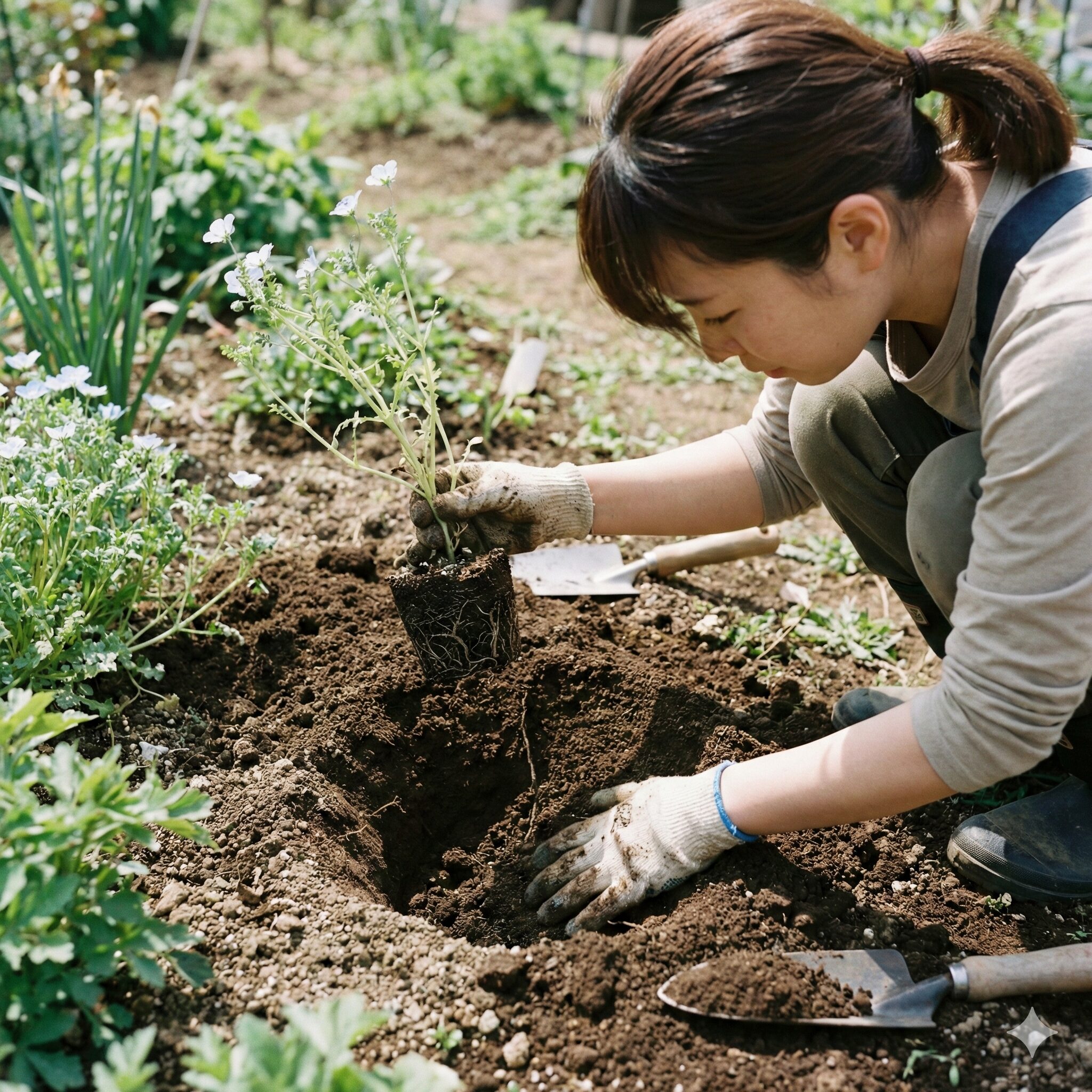 ネモフィラ 芽 ひょろひょろ8 徒長したネモフィラの茎を安定させるため、通常よりも深く植え穴を掘り、茎を土に埋めて植え付ける深植え作業の様子。