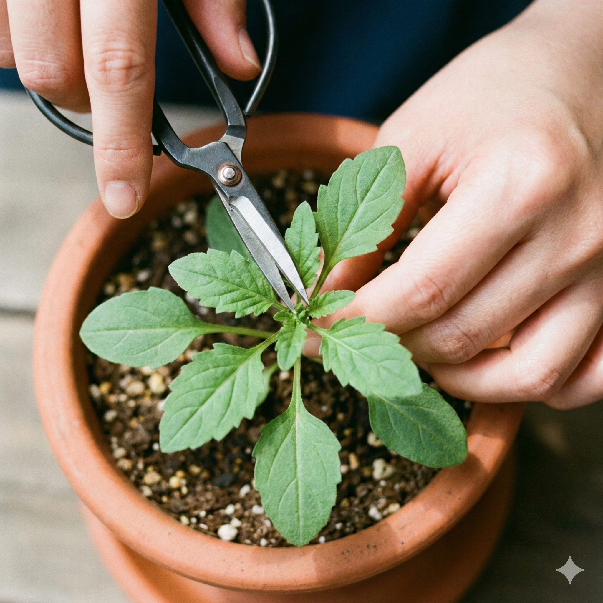 ネモフィラ 芽 ひょろひょろ9 株をがっしりと育てるため、ネモフィラ苗の中心にある頂芽(成長点)をハサミでカットする摘心作業の様子。