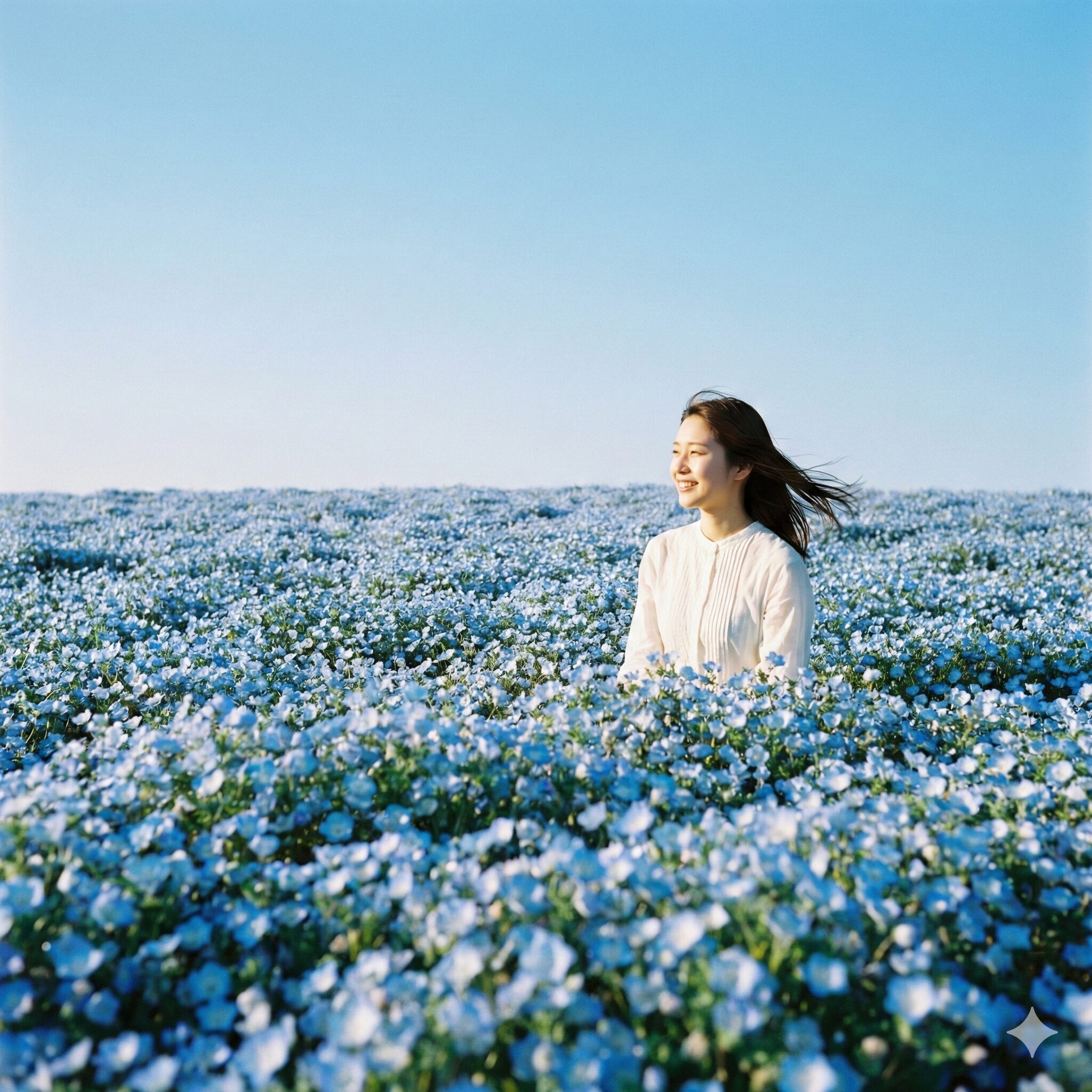 ネモフィラに似た花1　春の陽光に輝く満開のネモフィラが広がる広大な青い花の絨毯の風景