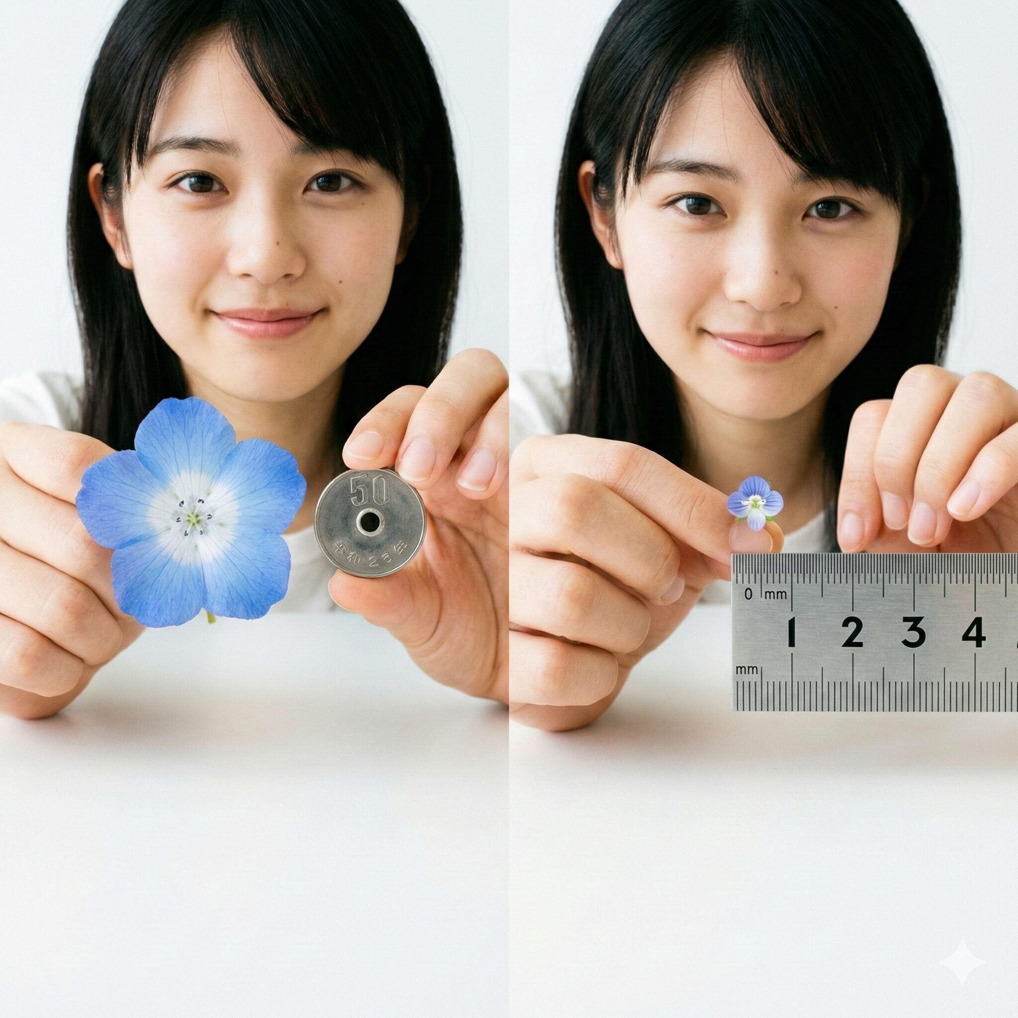 ネモフィラに似た花3 ネモフィラとオオイヌノフグリの花の大きさや花びらの枚数の違いを並べて比較した画像