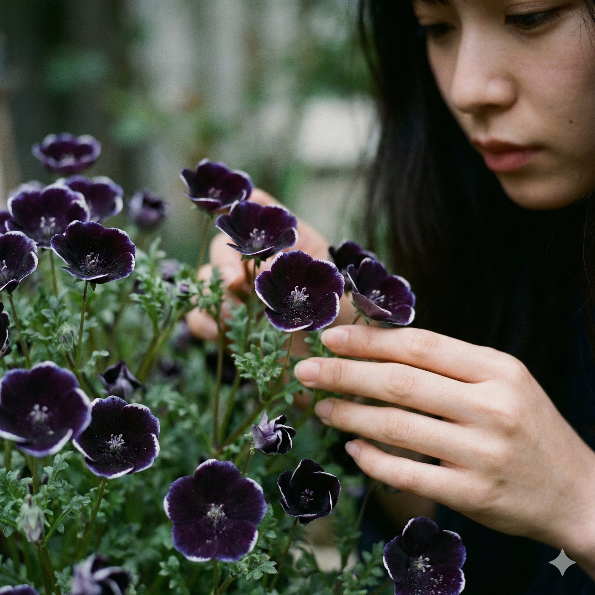 ネモフィラに似た花5 黒い花弁に白い縁取りが入ったシックなネモフィラ「ペニーブラック」のアップ写真