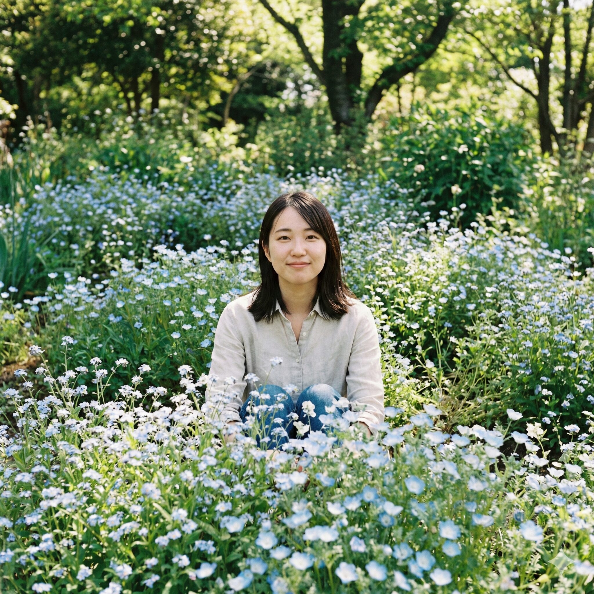 ネモフィラに似た花8 春の花壇で共演する水色のワスレナグサとネモフィラの寄せ植え風景