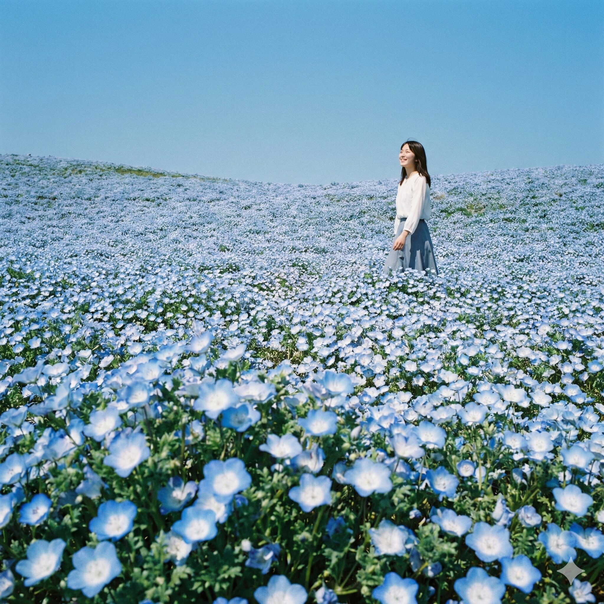 ネモフィラ大きさ1　ネモフィラ（インシグニスブルー）が一面に咲き誇る、広大な青い花畑の風景