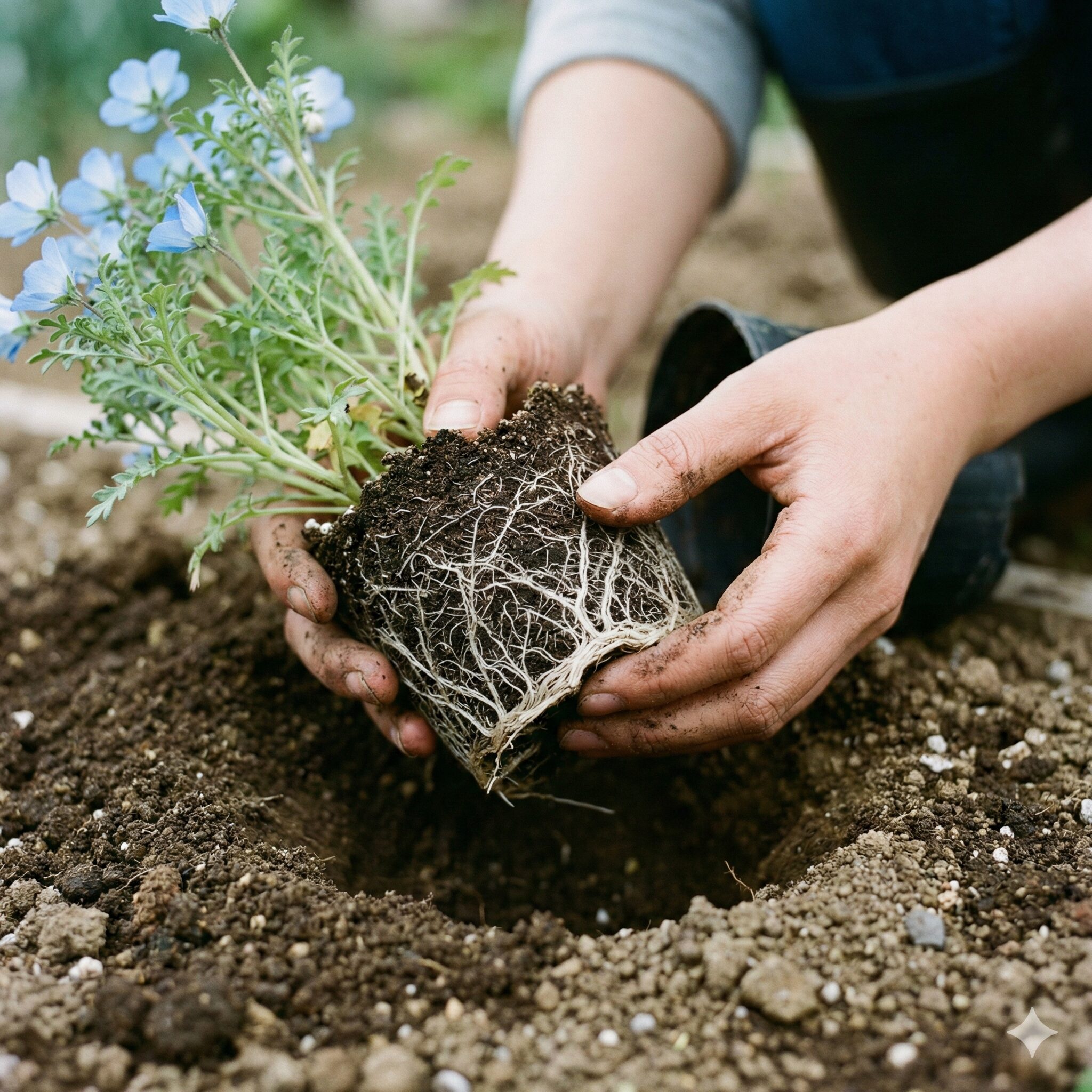 ネモフィラ大きさ10　ネモフィラの植え付け作業。直根性の根を傷つけないよう、根鉢を崩さずにポットから苗を取り出している様子