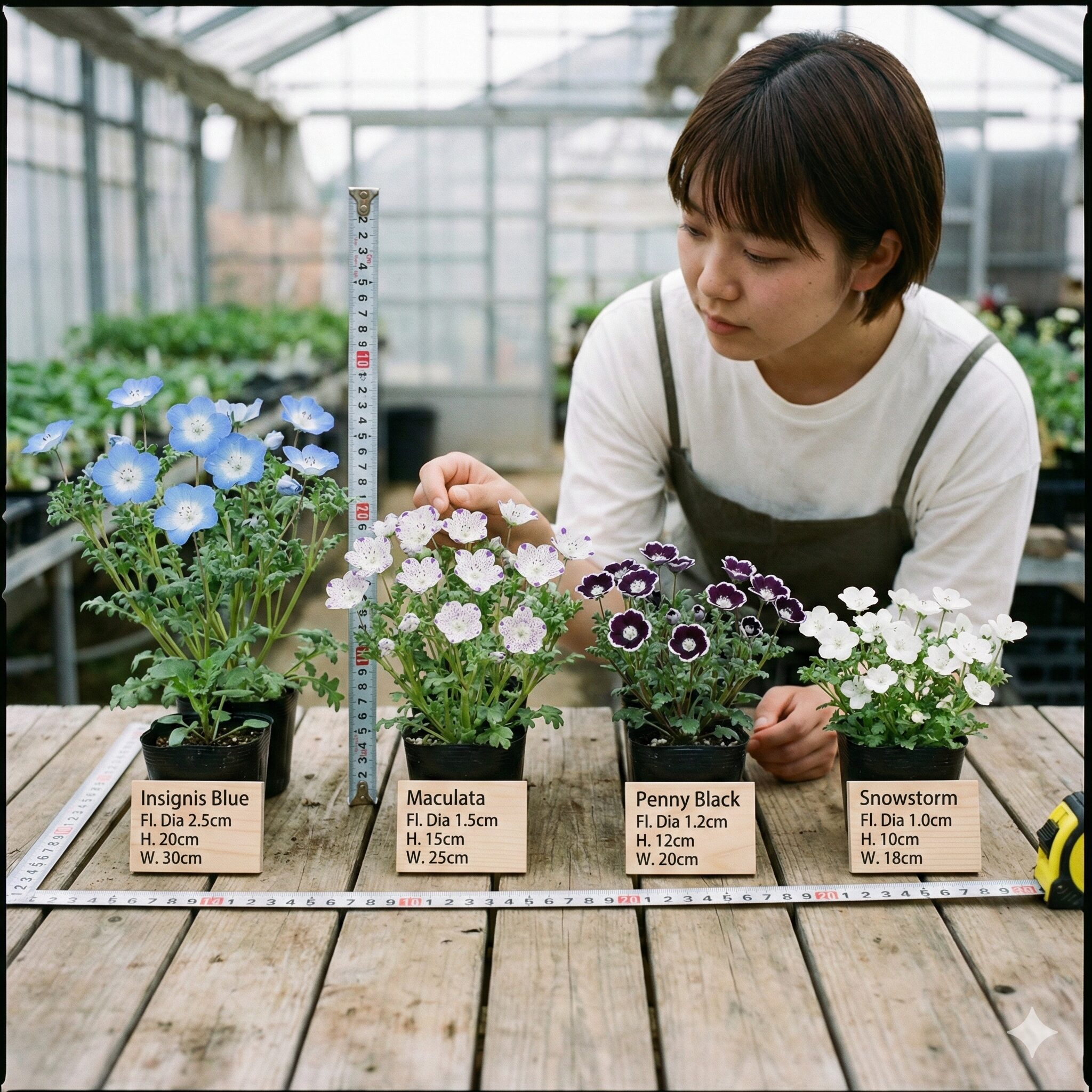 ネモフィラ大きさ2　ネモフィラの主要4品種（インシグニスブルー、マクラータ、ペニーブラック、スノーストーム）のサイズ比較写真とスペック表