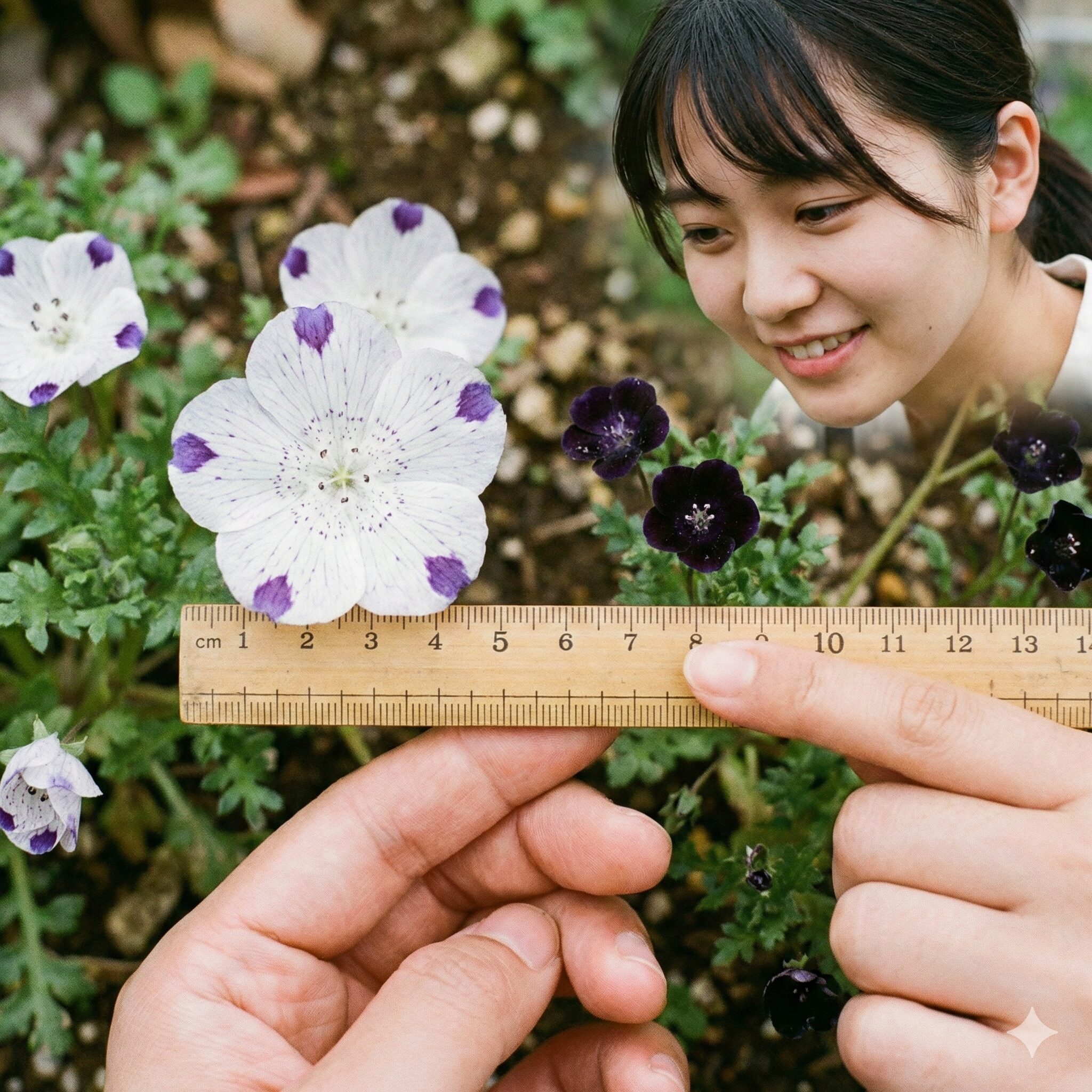 ネモフィラ大きさ3　花径の異なるネモフィラ品種、マクラータ（大輪）とペニーブラック（小輪）の視覚的なサイズ比較