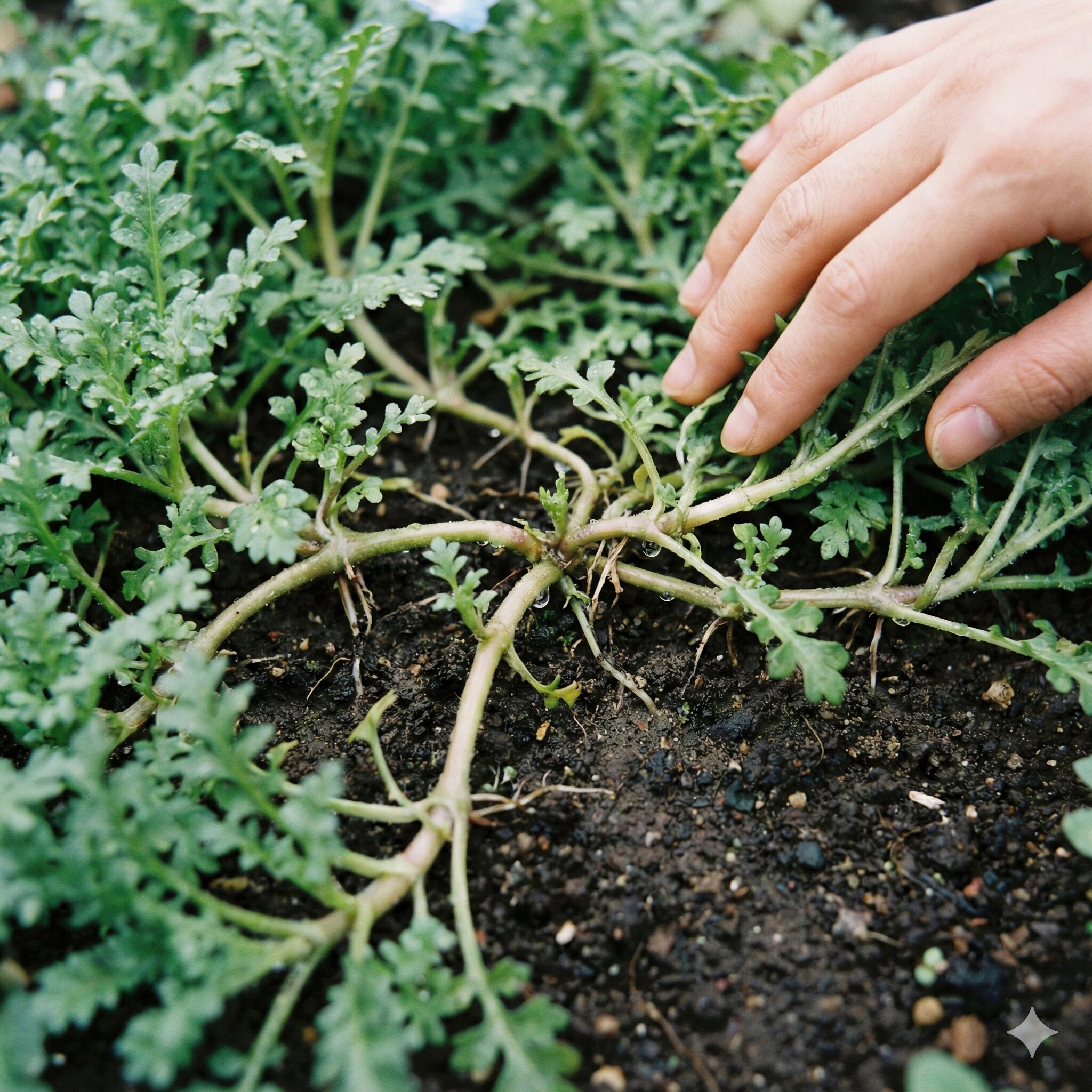 ネモフィラ大きさ4　地面を匍匐し、節から分枝して横に広がるネモフィラ（インシグニスブルー）の株元の様子