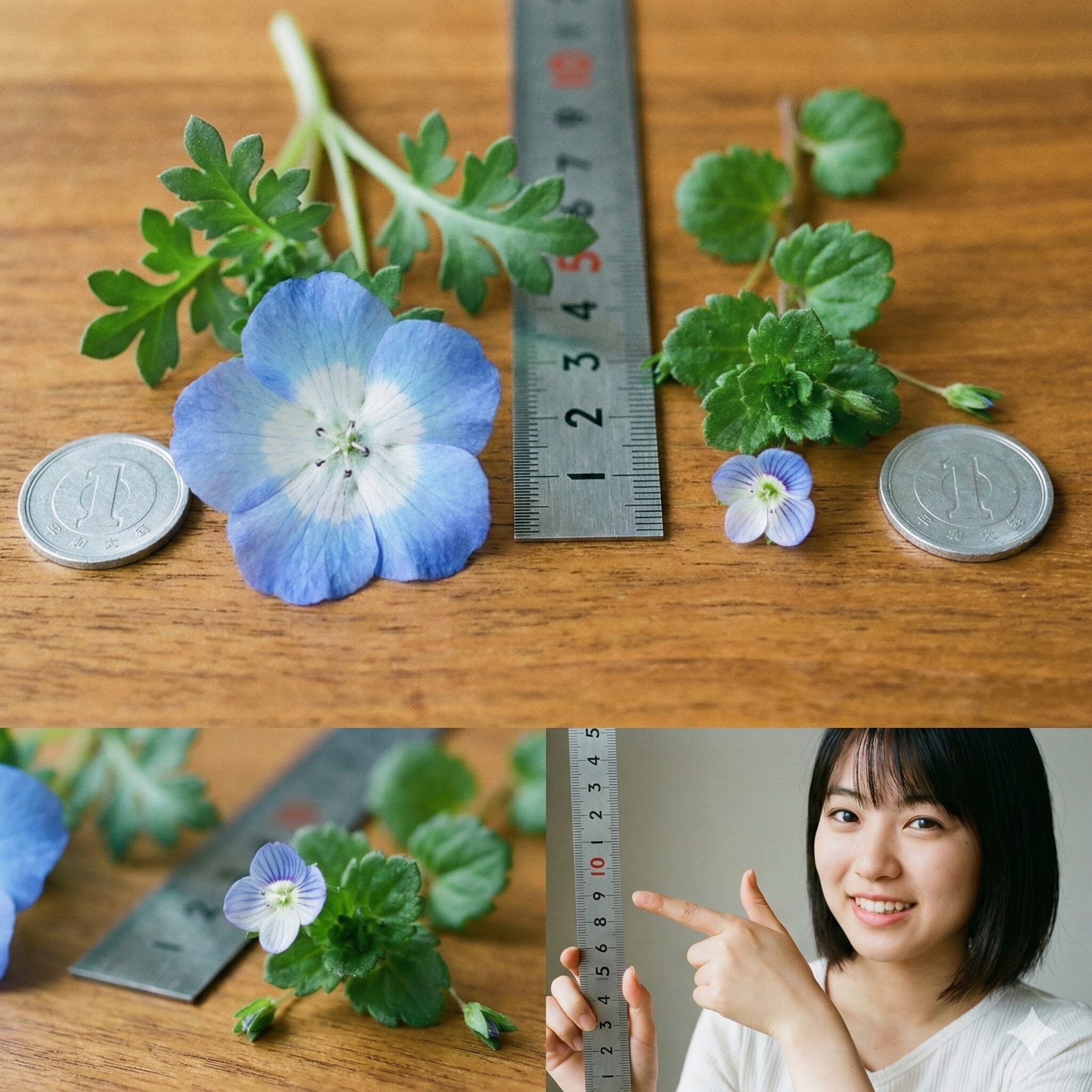 ネモフィラ大きさ5　園芸種ネモフィラと野草オオイヌノフグリの花径と葉のサイズ比較写真