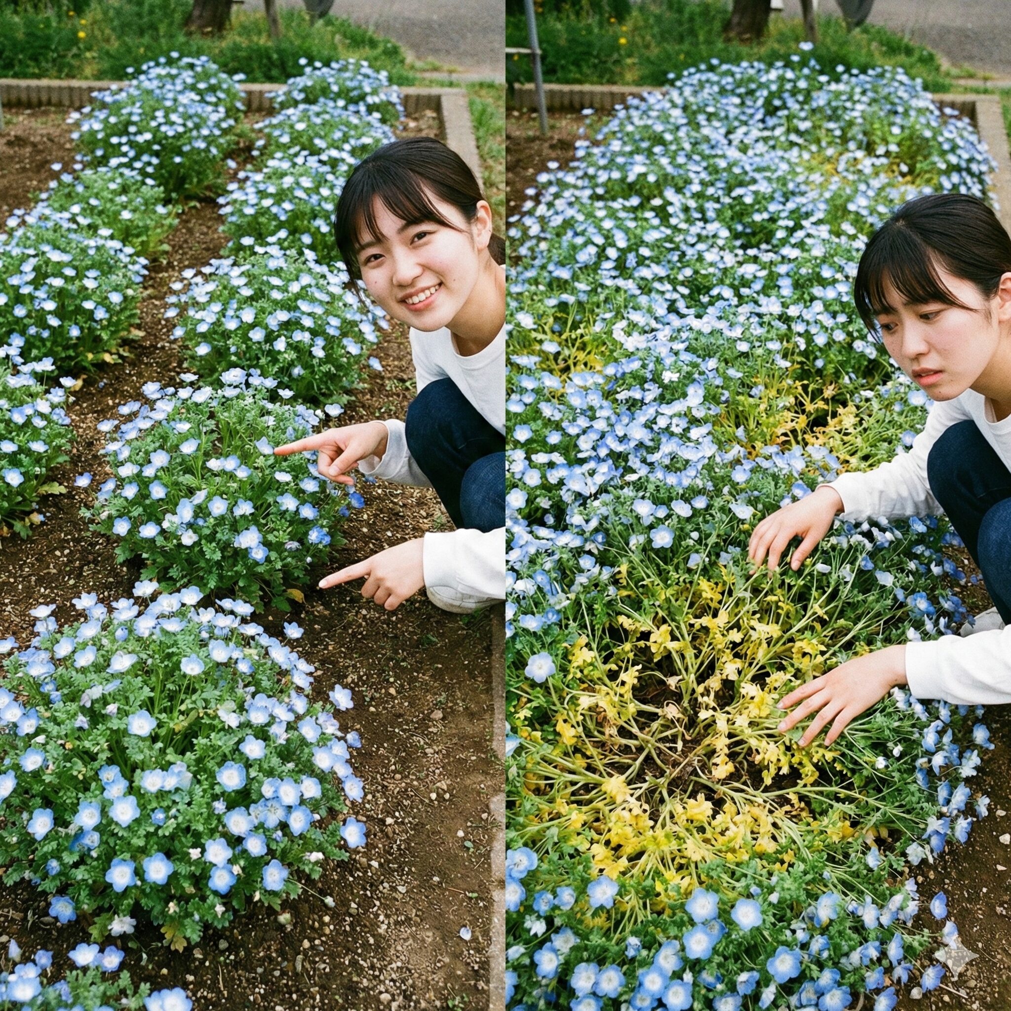 ネモフィラ大きさ7　ネモフィラの地植えにおける適切な株間（約20cm）と、過密植栽による蒸れの比較写真