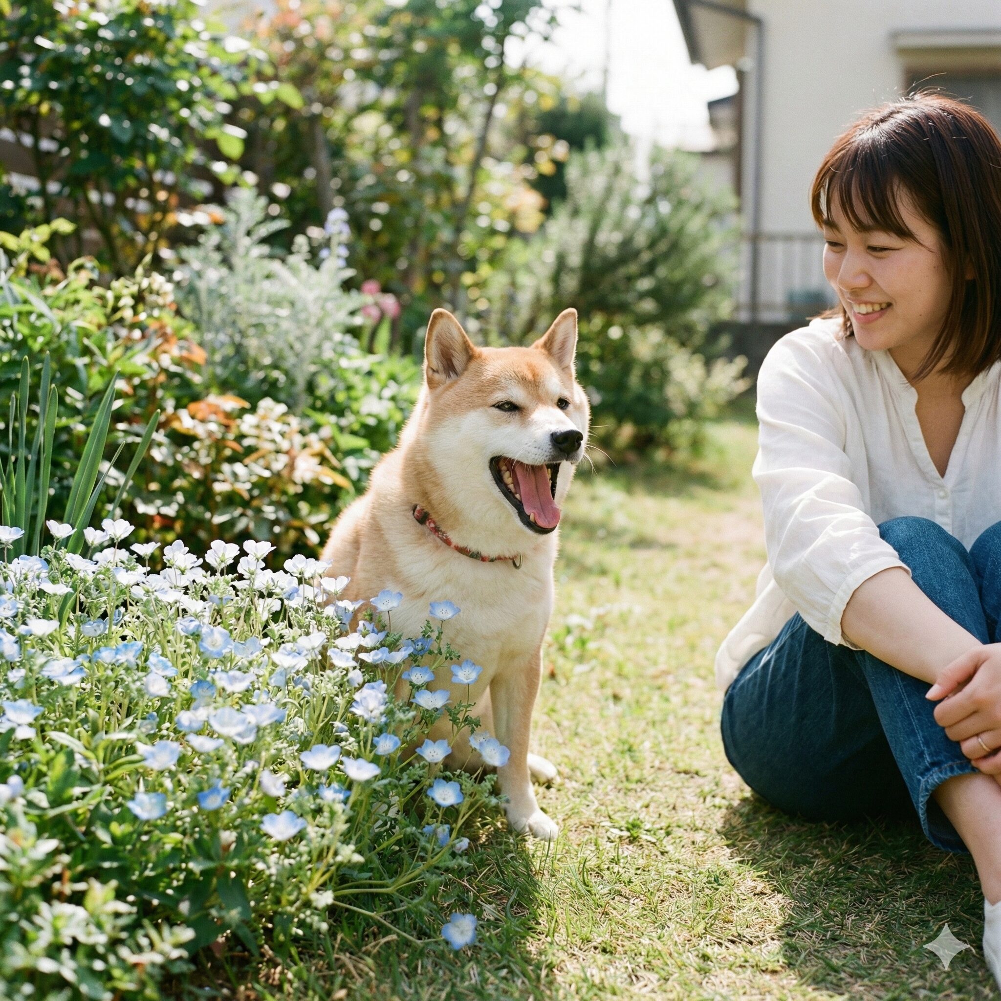 ネモフィラ毒性2 庭に植えられた安全なネモフィラの隣でリラックスする犬