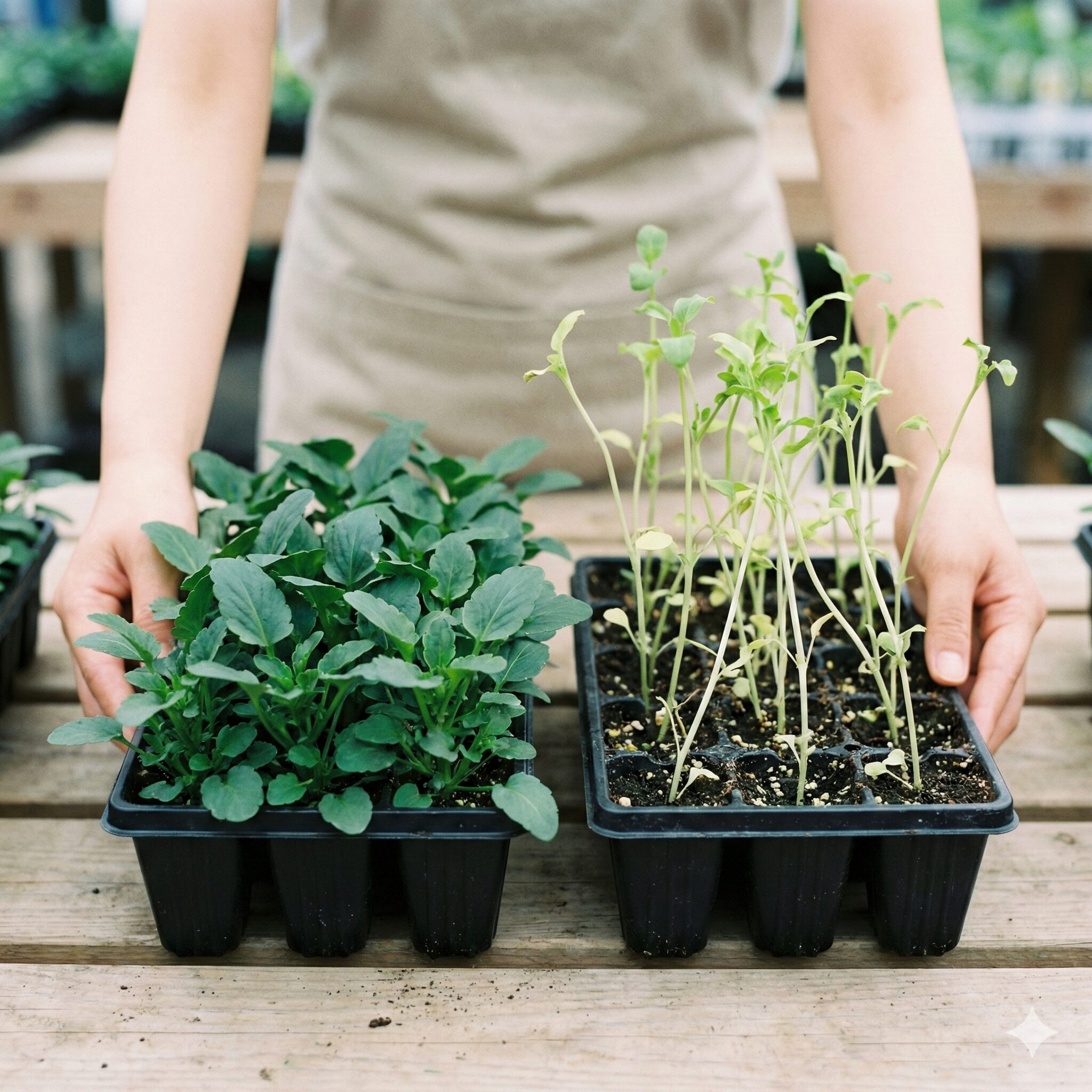 パンジー プランター 植え方2　パンジーの健康な苗と、徒長してひょろひょろした苗の比較写真。