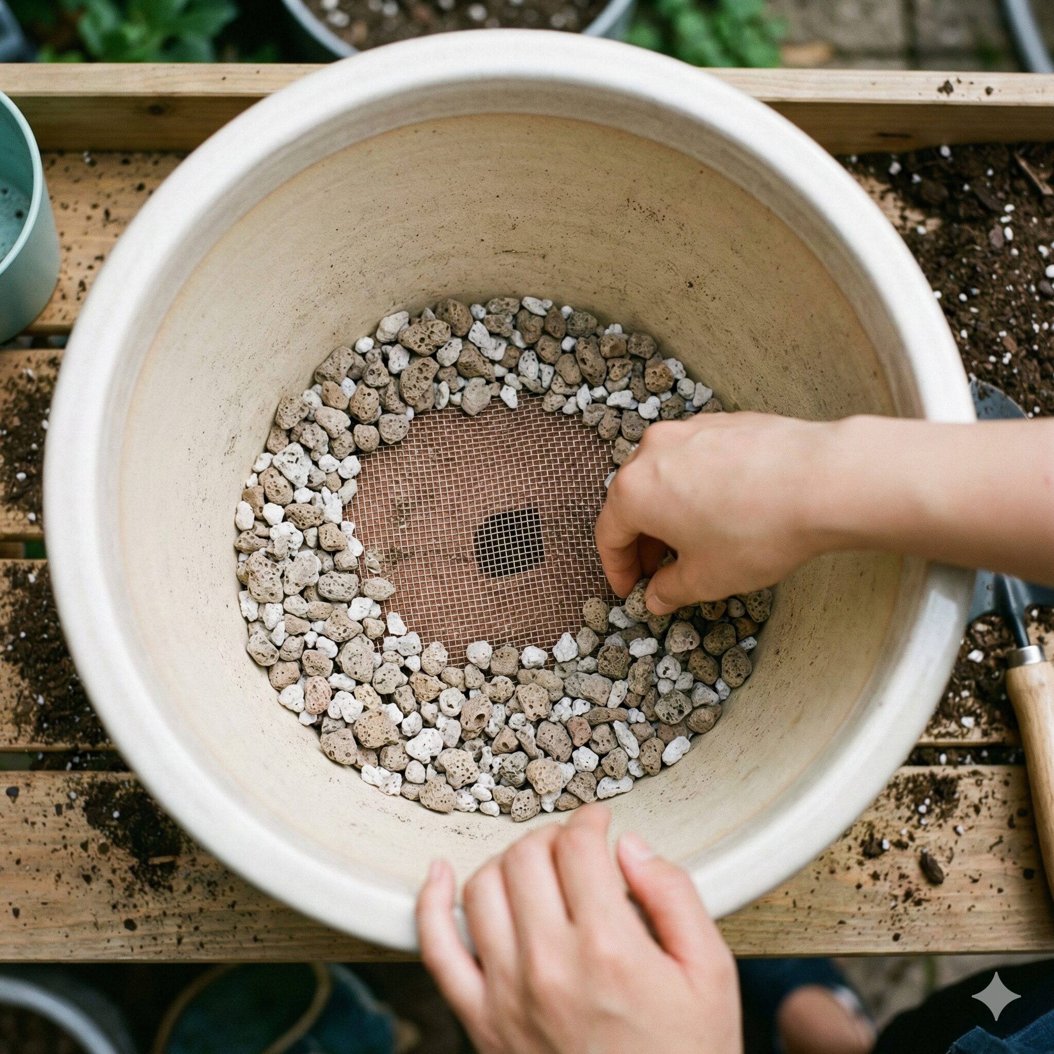パンジー プランター 植え方3　プランターの底に敷き詰められた鉢底ネットと鉢底石の様子。