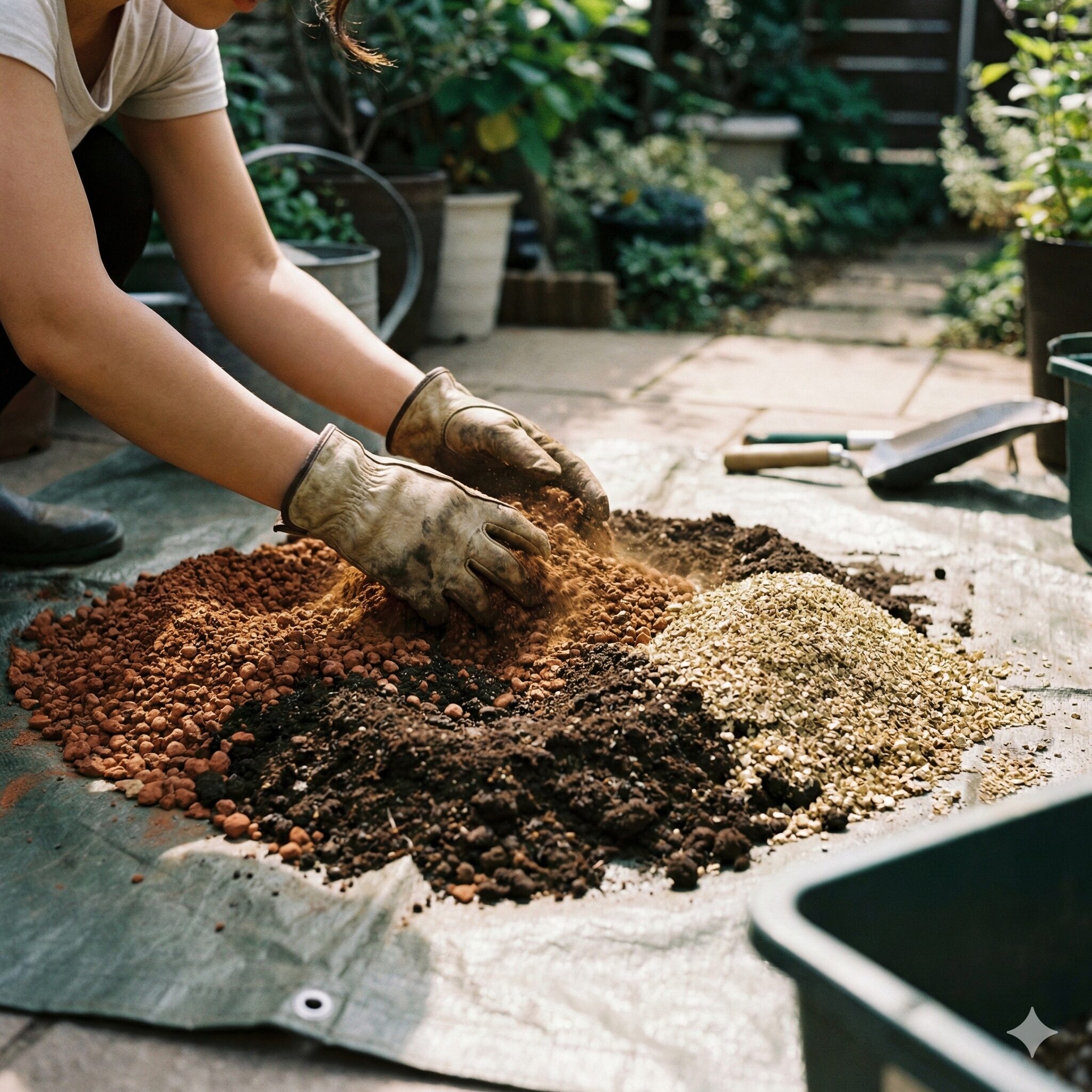 パンジー プランター 植え方4　パンジーの栽培に最適な赤玉土や腐葉土を混ぜ合わせた配合土の作成。