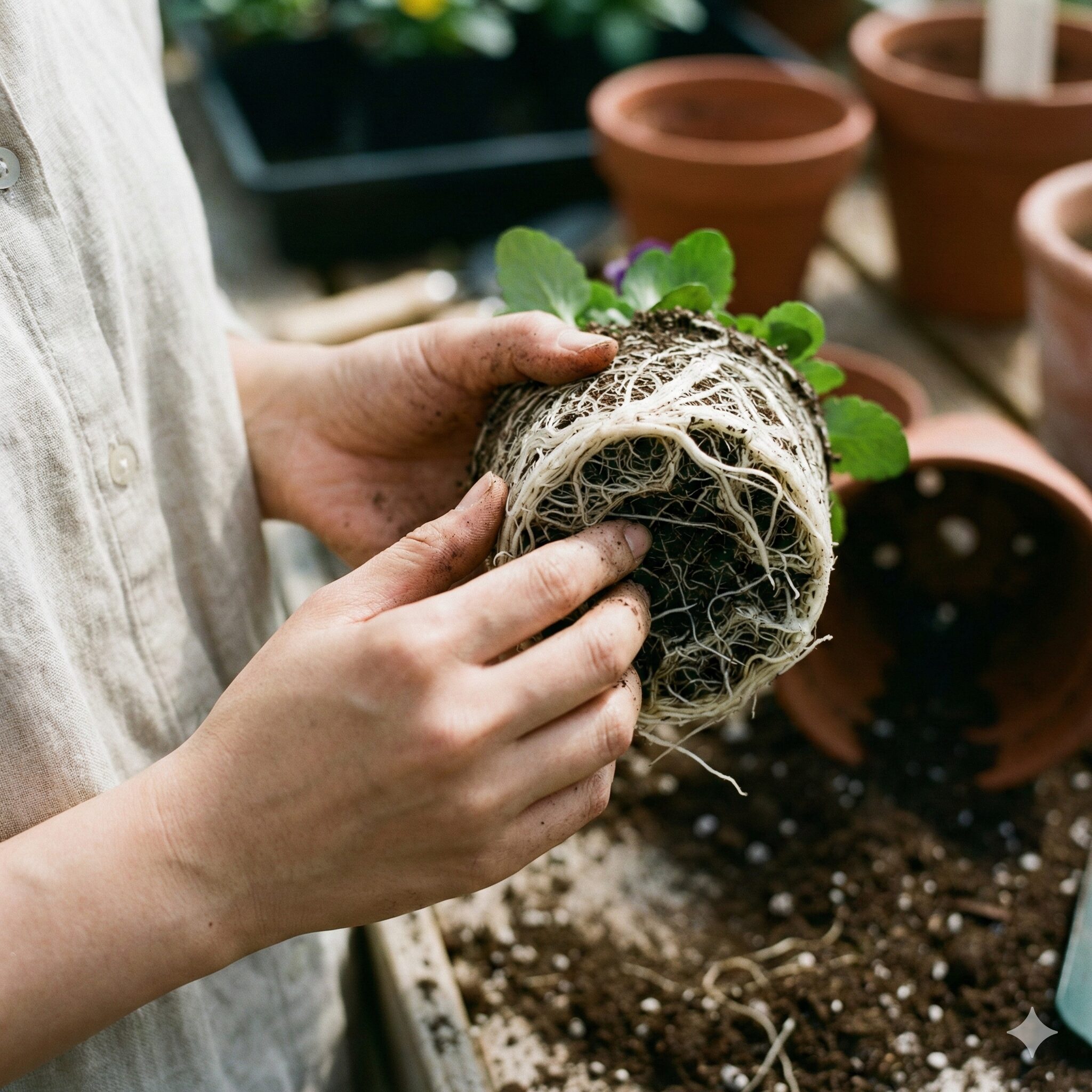 パンジー プランター 植え方5　パンジーの活着を良くするために、指先で優しく根鉢をほぐしている様子。