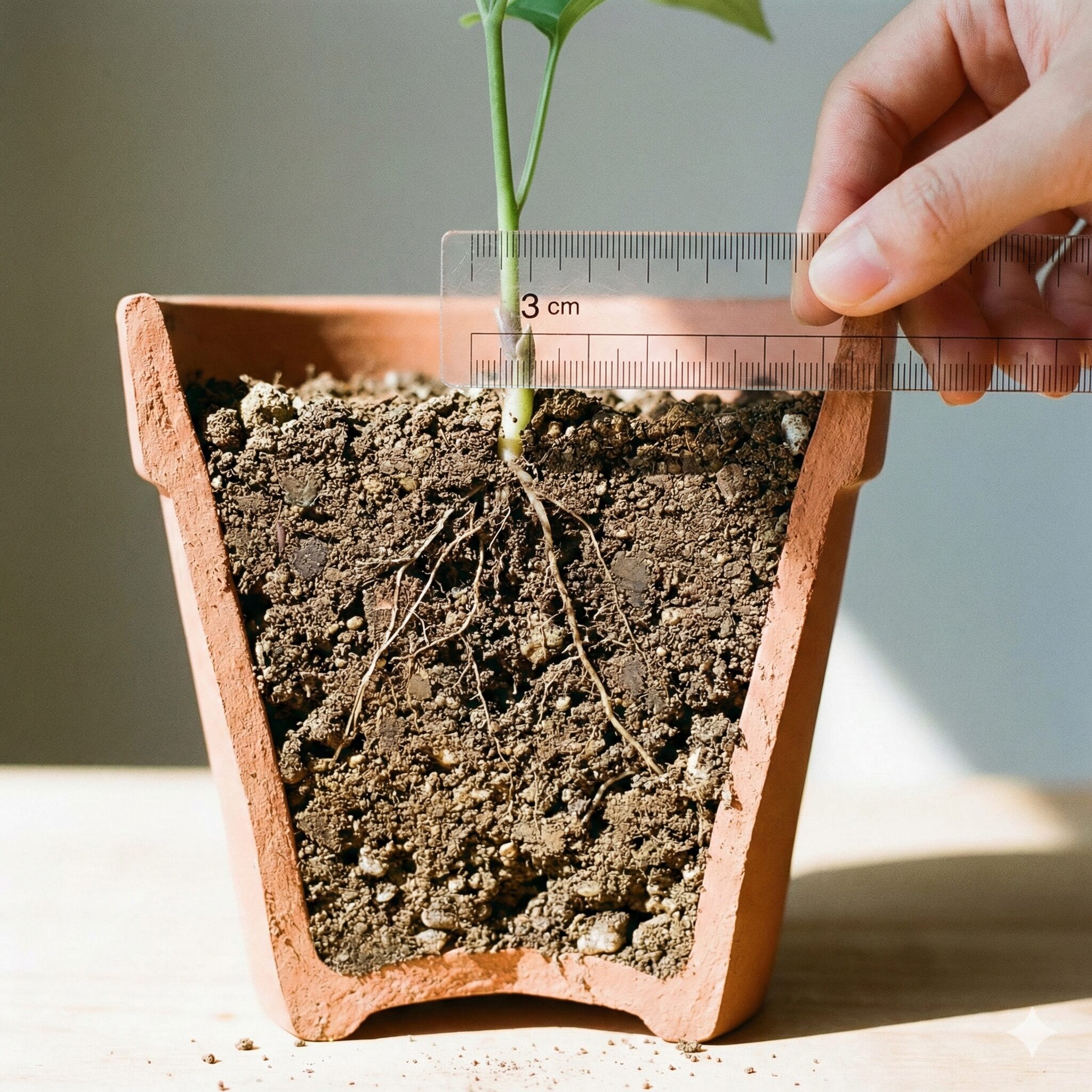 パンジー プランター 植え方6　パンジーを水平に植え付け、縁から3cmのウォータースペースを確保した様子。