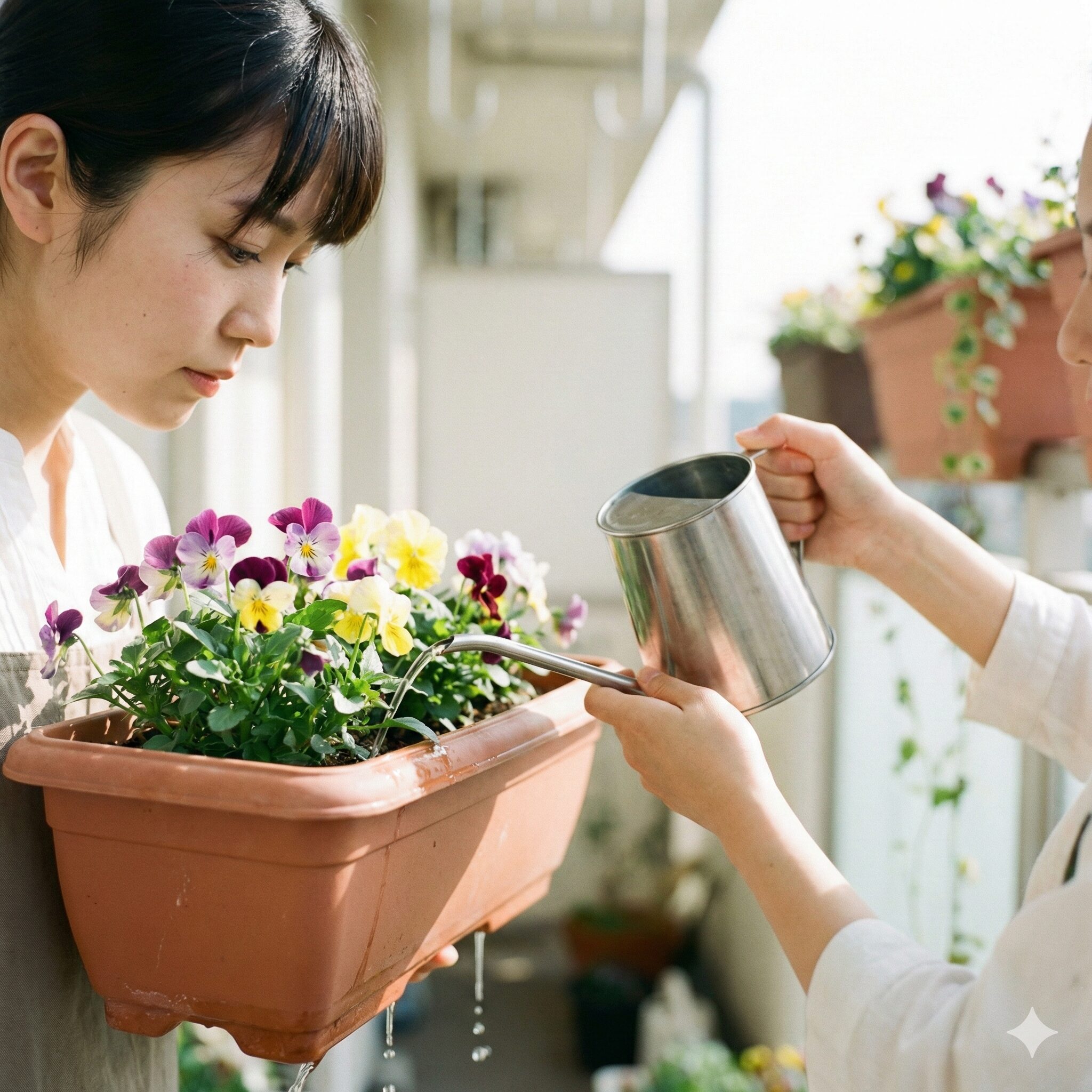 パンジー プランター 植え方8　パンジーの株元へ丁寧にたっぷりと水やりを行っている様子。