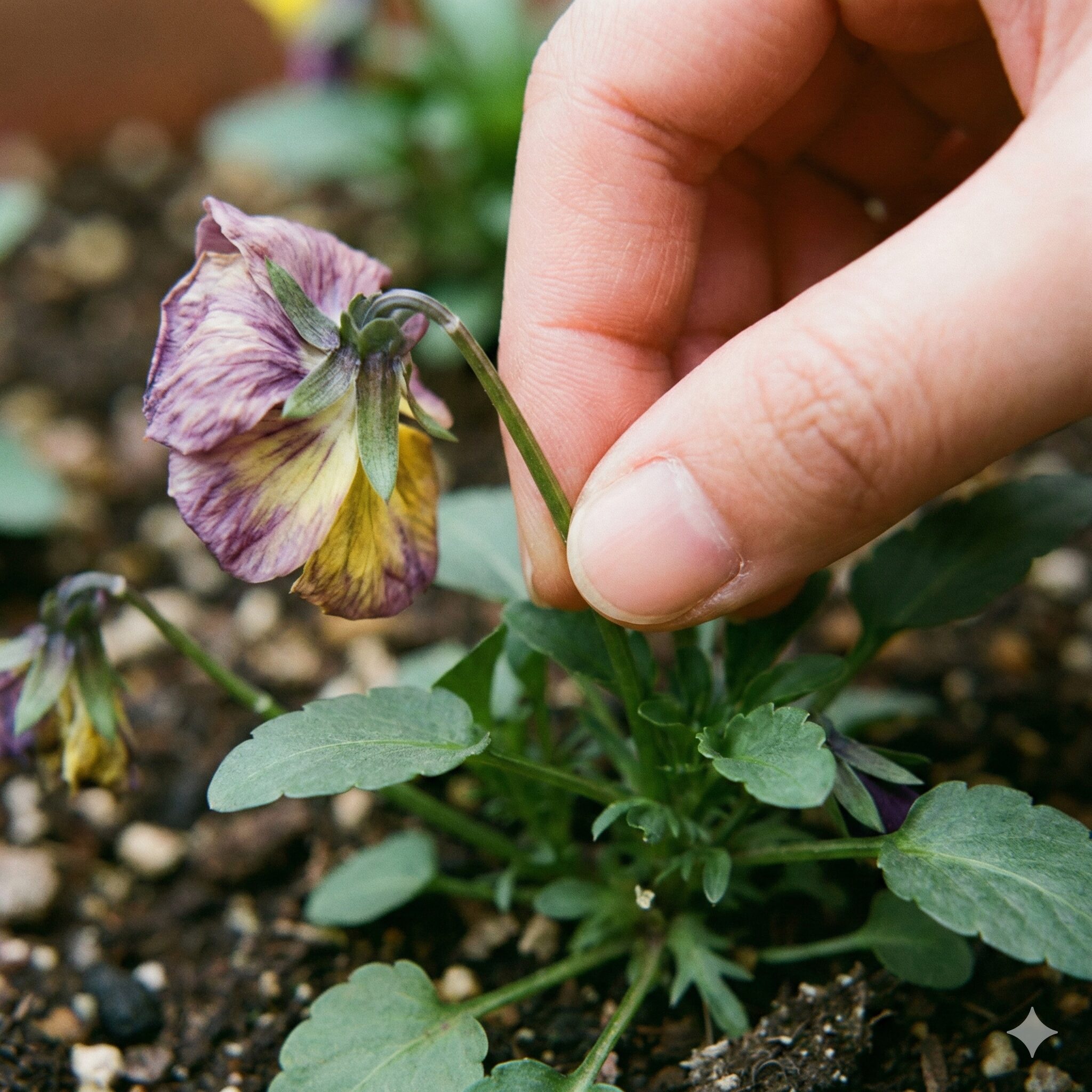 パンジー プランター 植え方9　パンジーの花を長く咲かせるための、正しい花がら摘みのやり方。