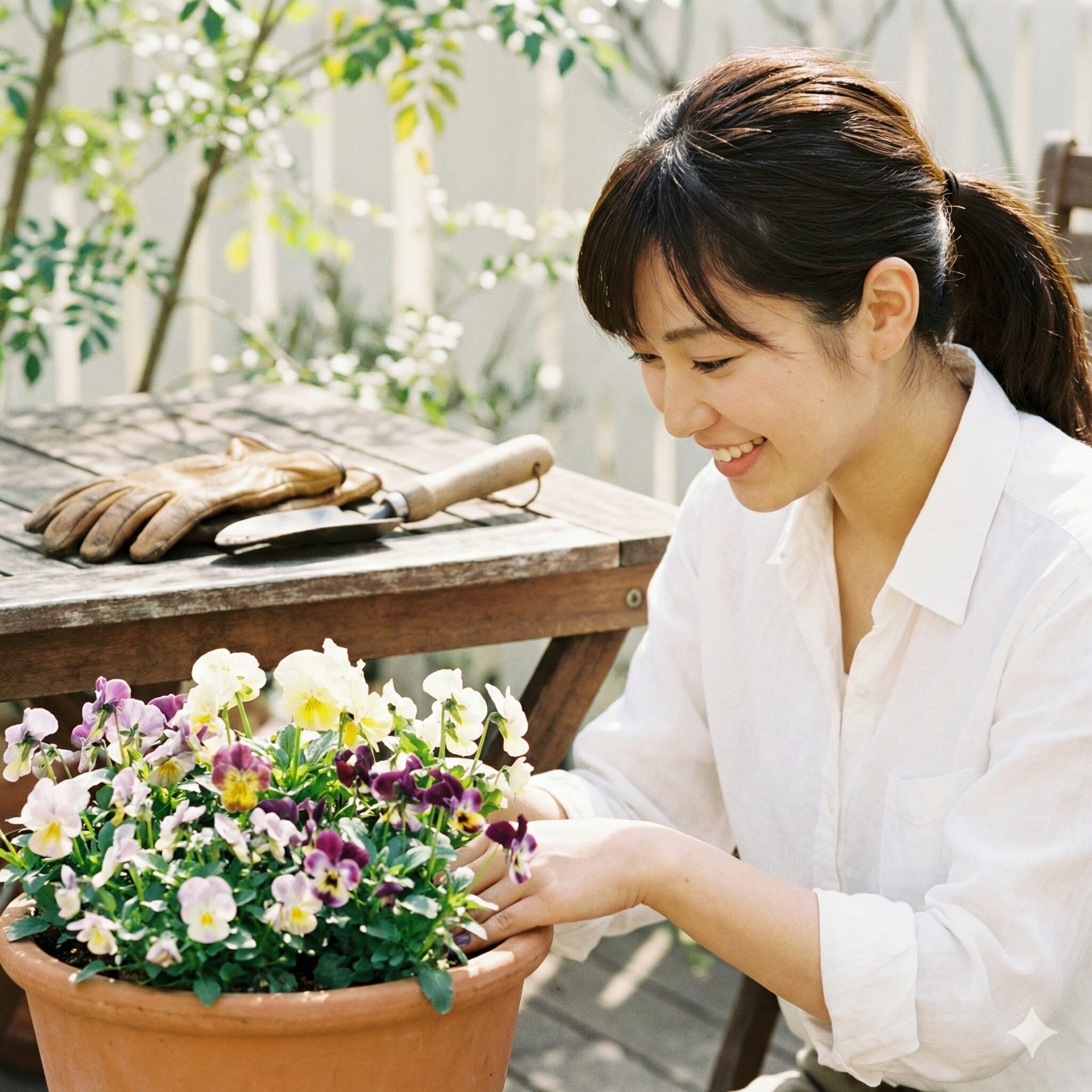 パンジー 寄せ植え やり方1　春の光を浴びて華やかに咲くパンジーとビオラのおしゃれな寄せ植えの完成イメージ