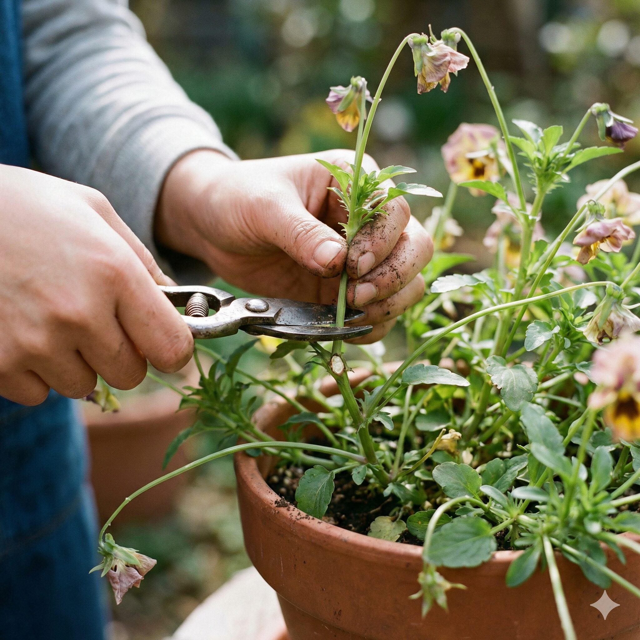 パンジー 寄せ植え やり方10　徒長して伸びすぎたパンジーの株をこんもりと復活させる切り戻し作業