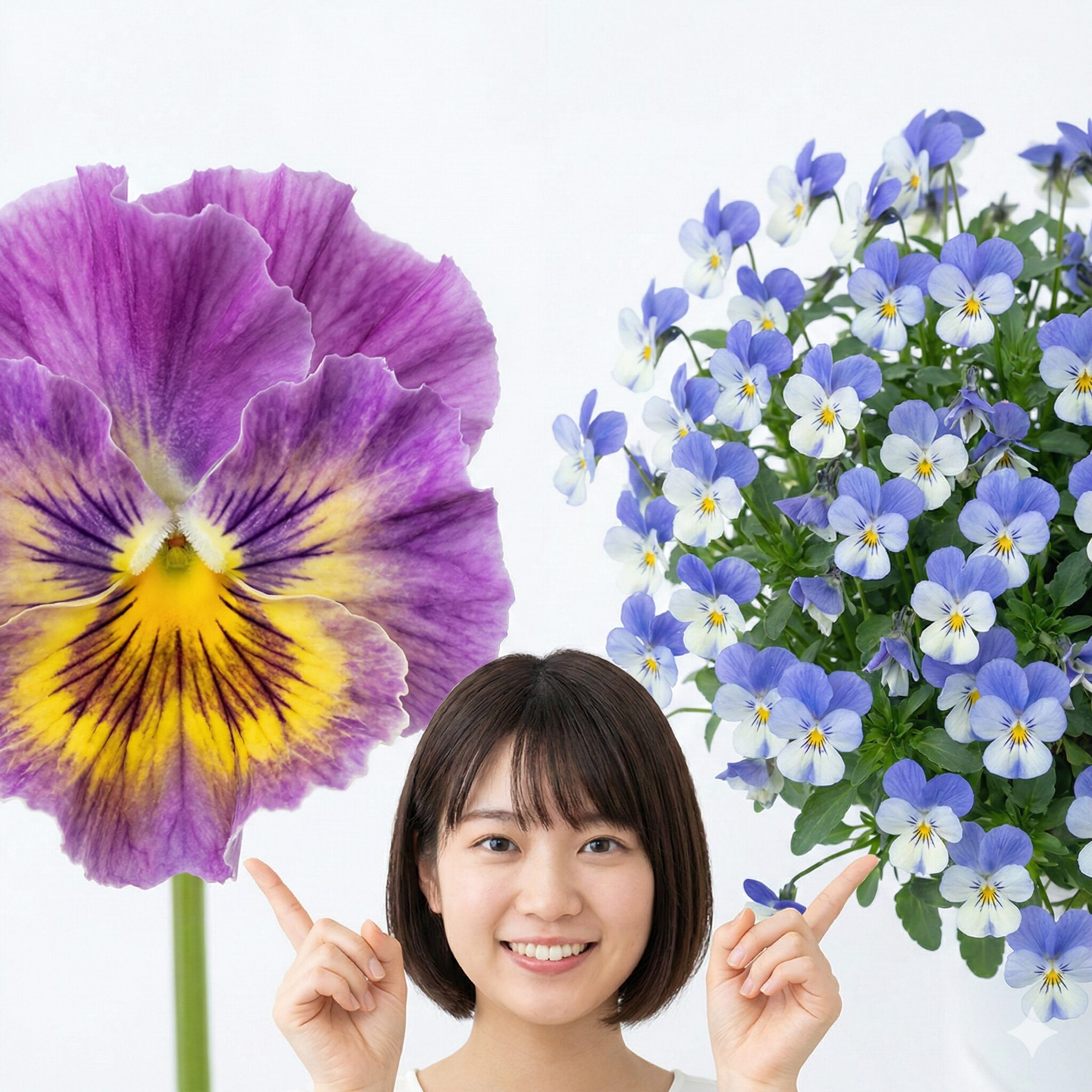 パンジー 寄せ植え やり方2　パンジーとビオラの花の大きさを比較したクローズアップ写真。サイズと花数の違いを解説。