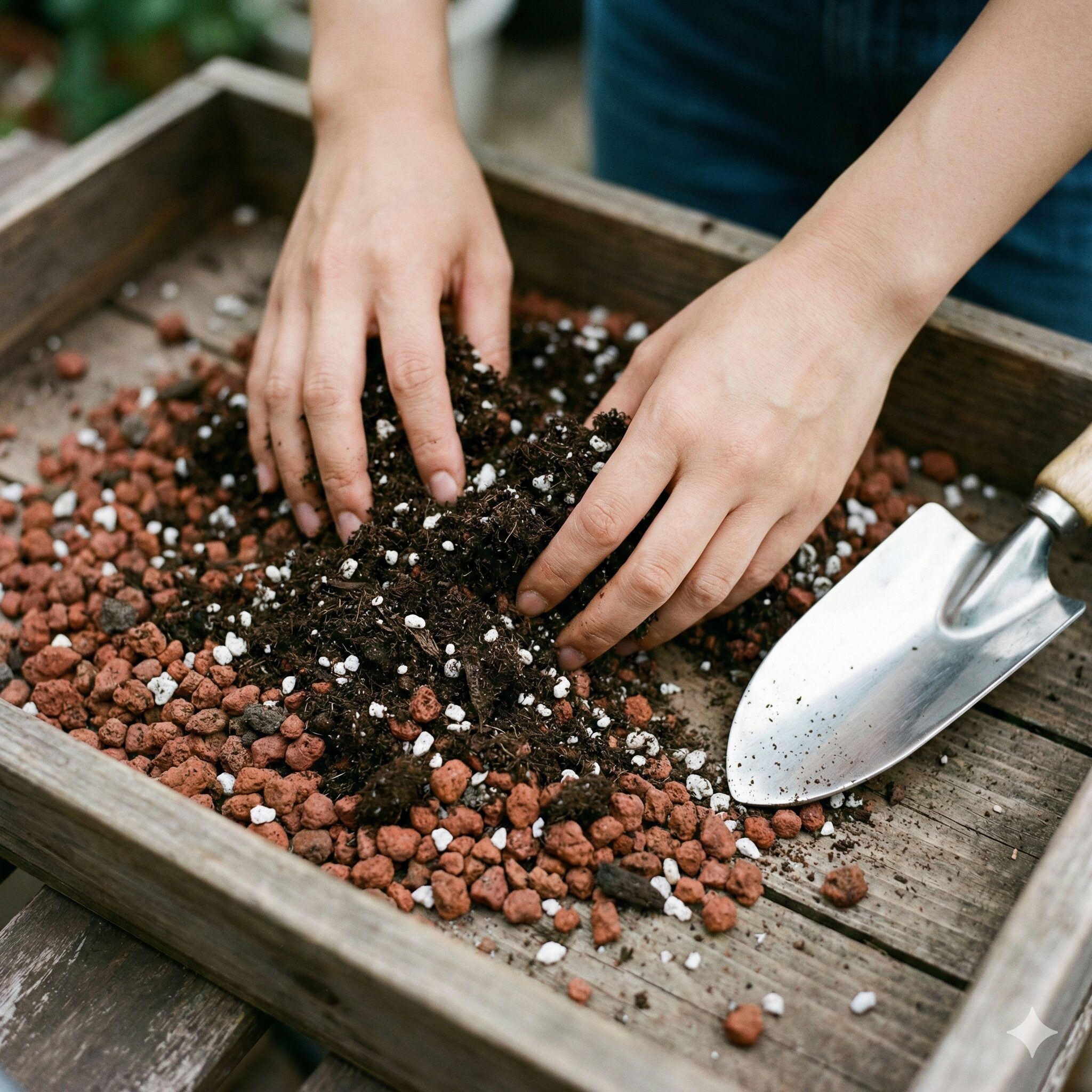 パンジー 寄せ植え やり方4　パンジーの成長を助ける赤玉土と腐葉土、パーライトを配合した水はけの良い培養土