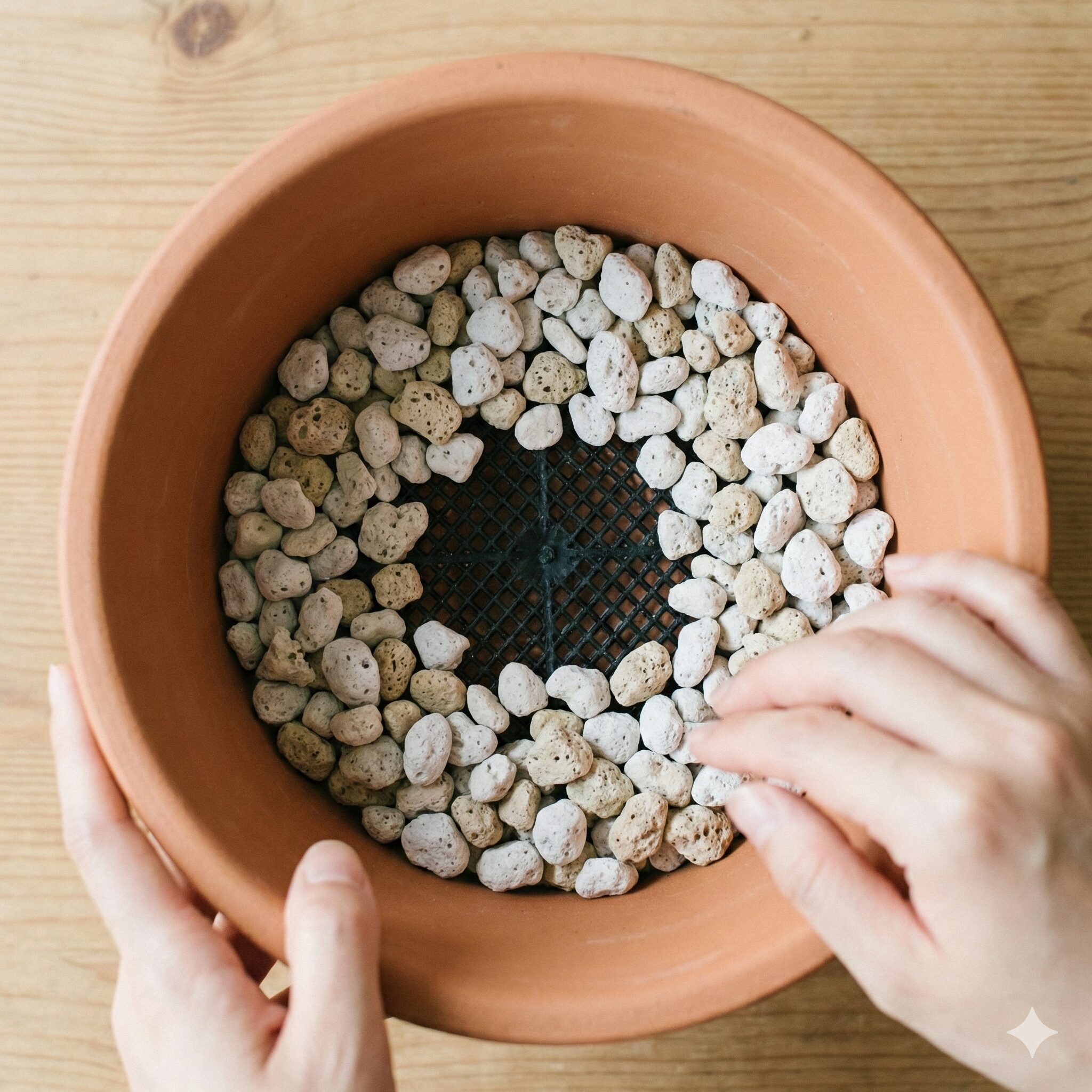 パンジー 寄せ植え やり方5　根腐れ防止のために鉢底石を正しく敷き詰めたテラコッタ鉢の内部構造