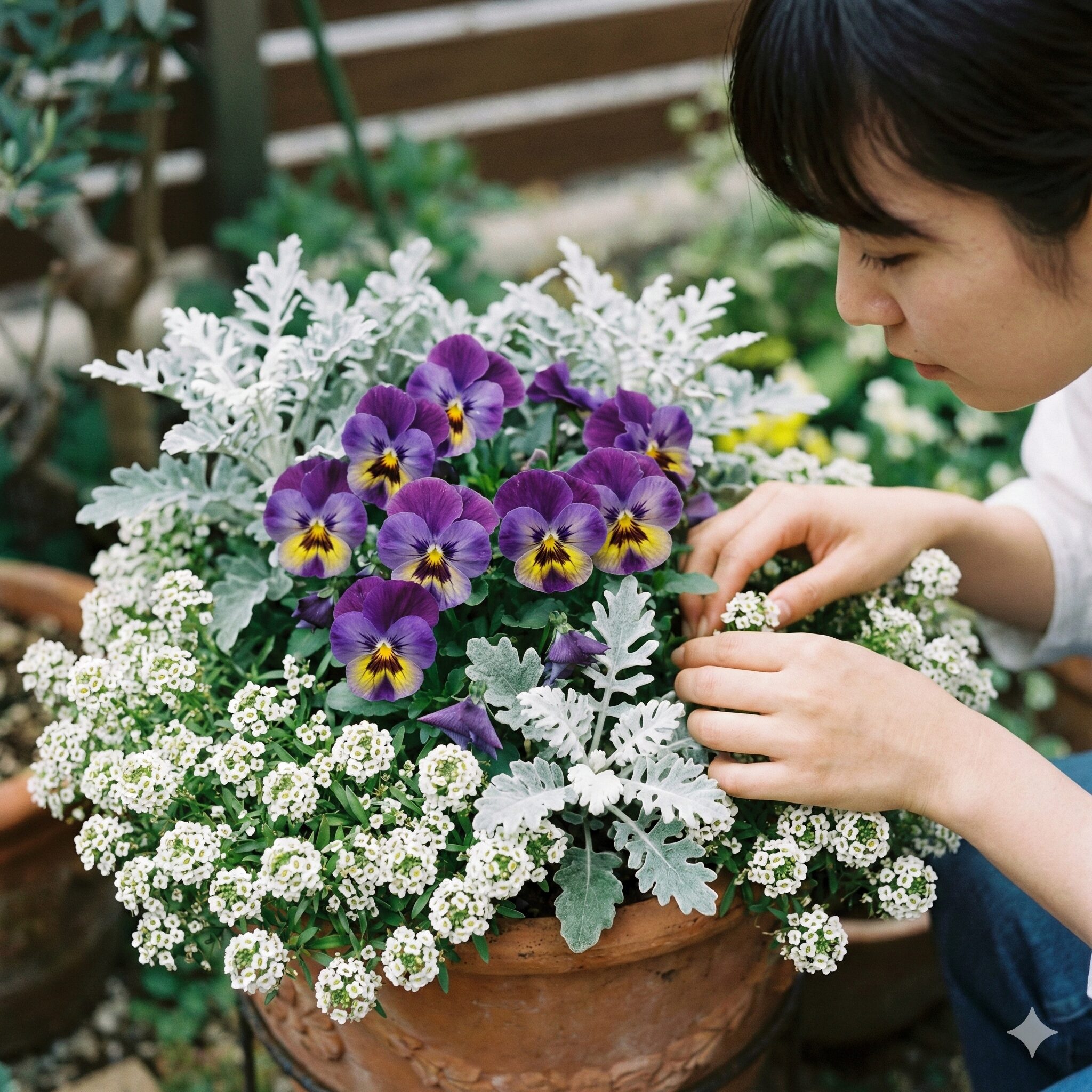 パンジー 寄せ植え やり方6　パンジーと相性の良いアリッサムやシルバーリーフを組み合わせた寄せ植え例