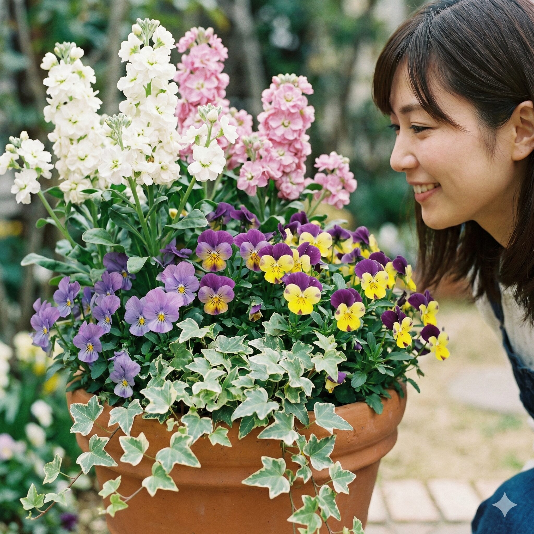 パンジー 寄せ植え やり方7　背の高い植物とパンジーを組み合わせた奥行きのある立体的な寄せ植えの配置