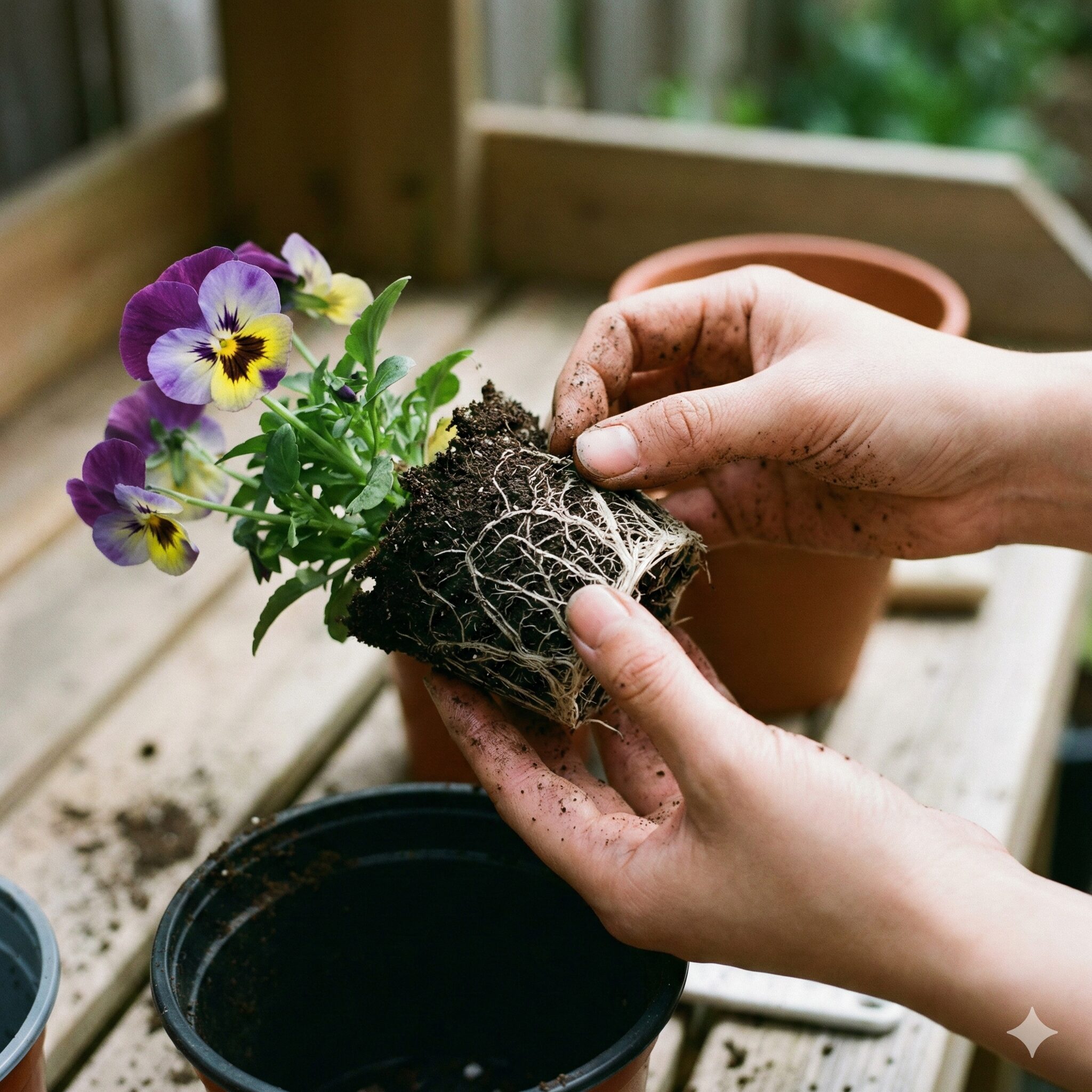 パンジー 寄せ植え やり方8　パンジーの活着を良くするために苗の根鉢を優しくほぐす植え付けのコツ