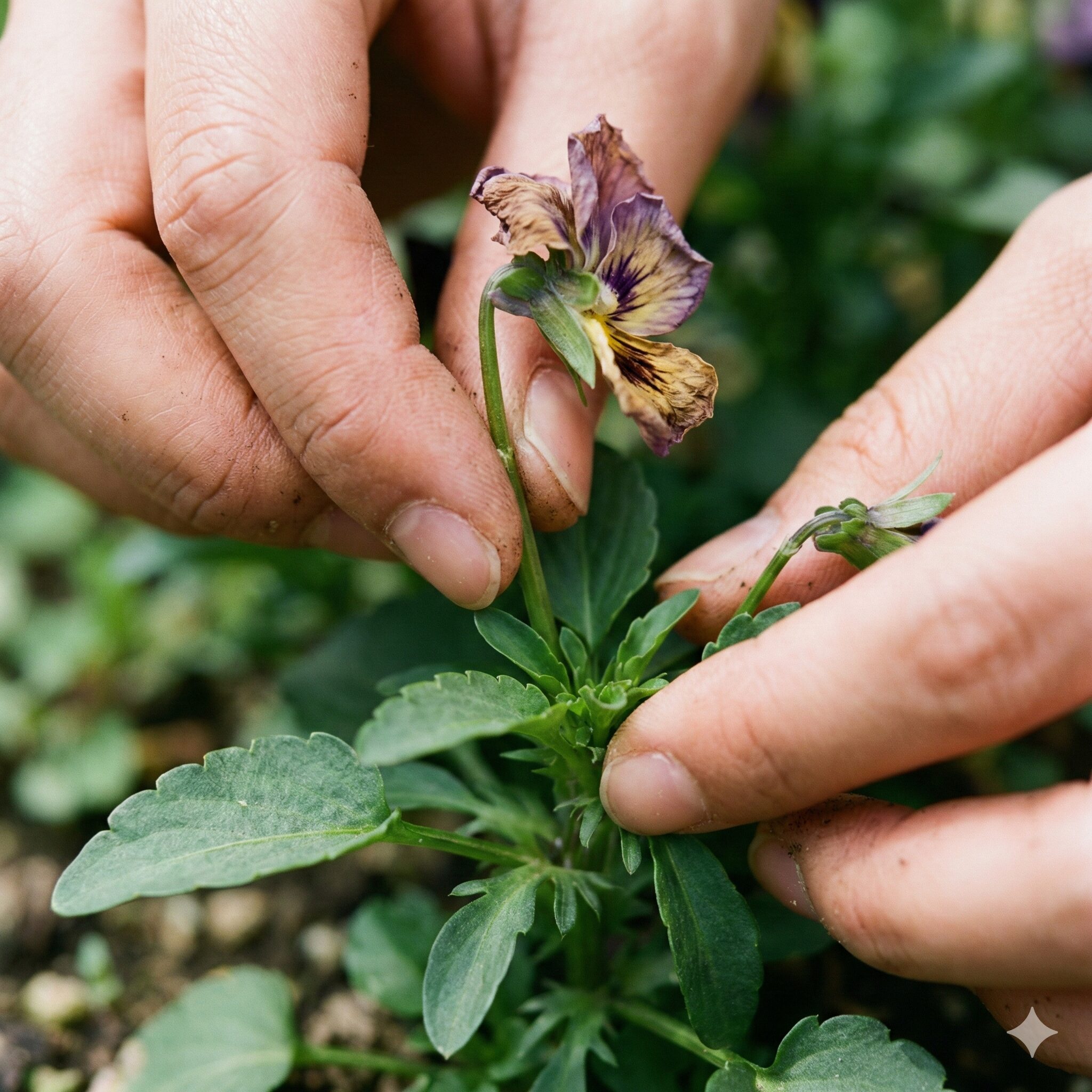 パンジー 寄せ植え やり方9　新しい蕾を増やすためにパンジーの花がらを付け根から摘み取るメンテナンス